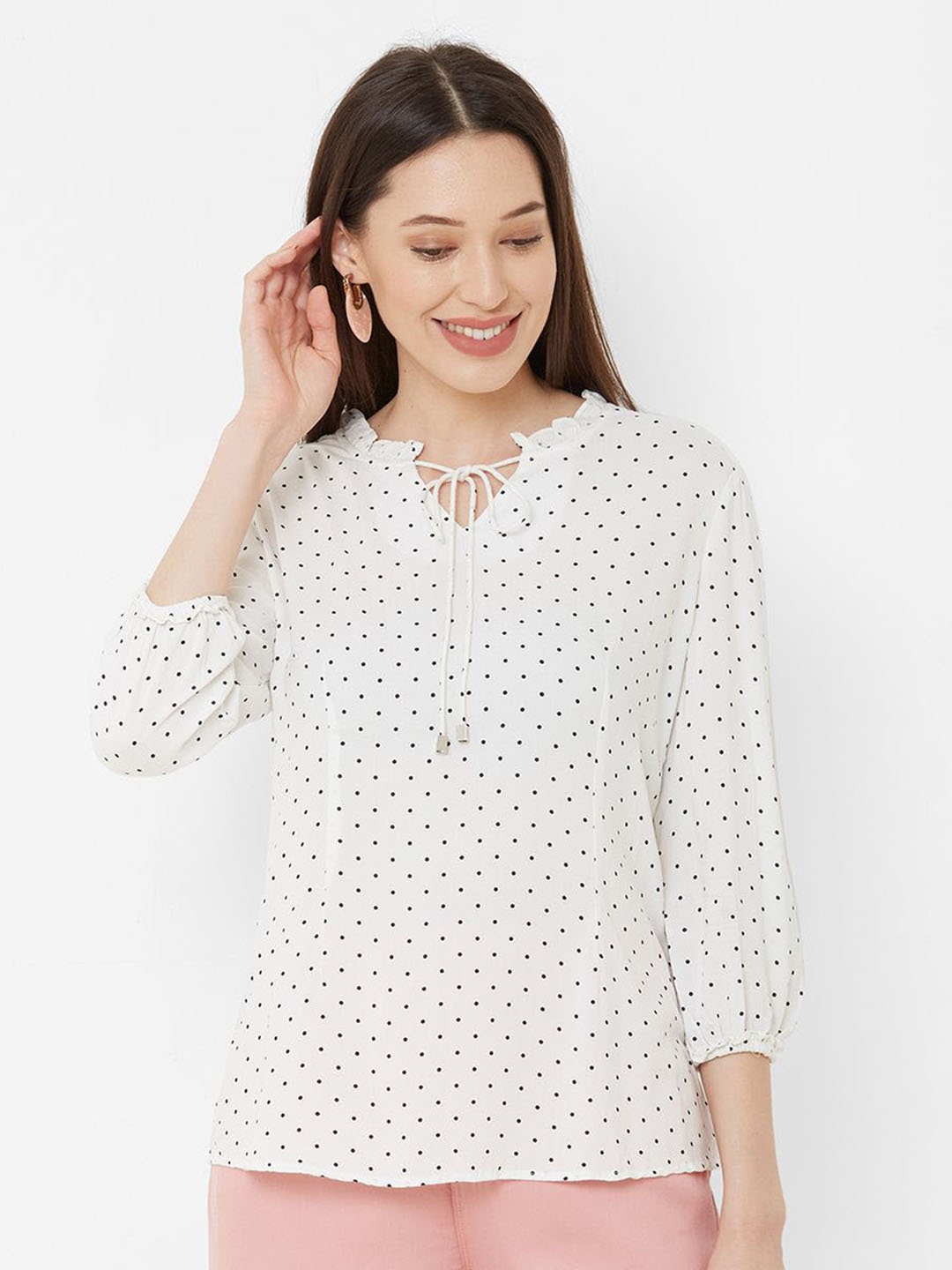 

Kraus Jeans Polka Dot Printed Tie-Up Neck Puff Sleeve Cotton Top, White