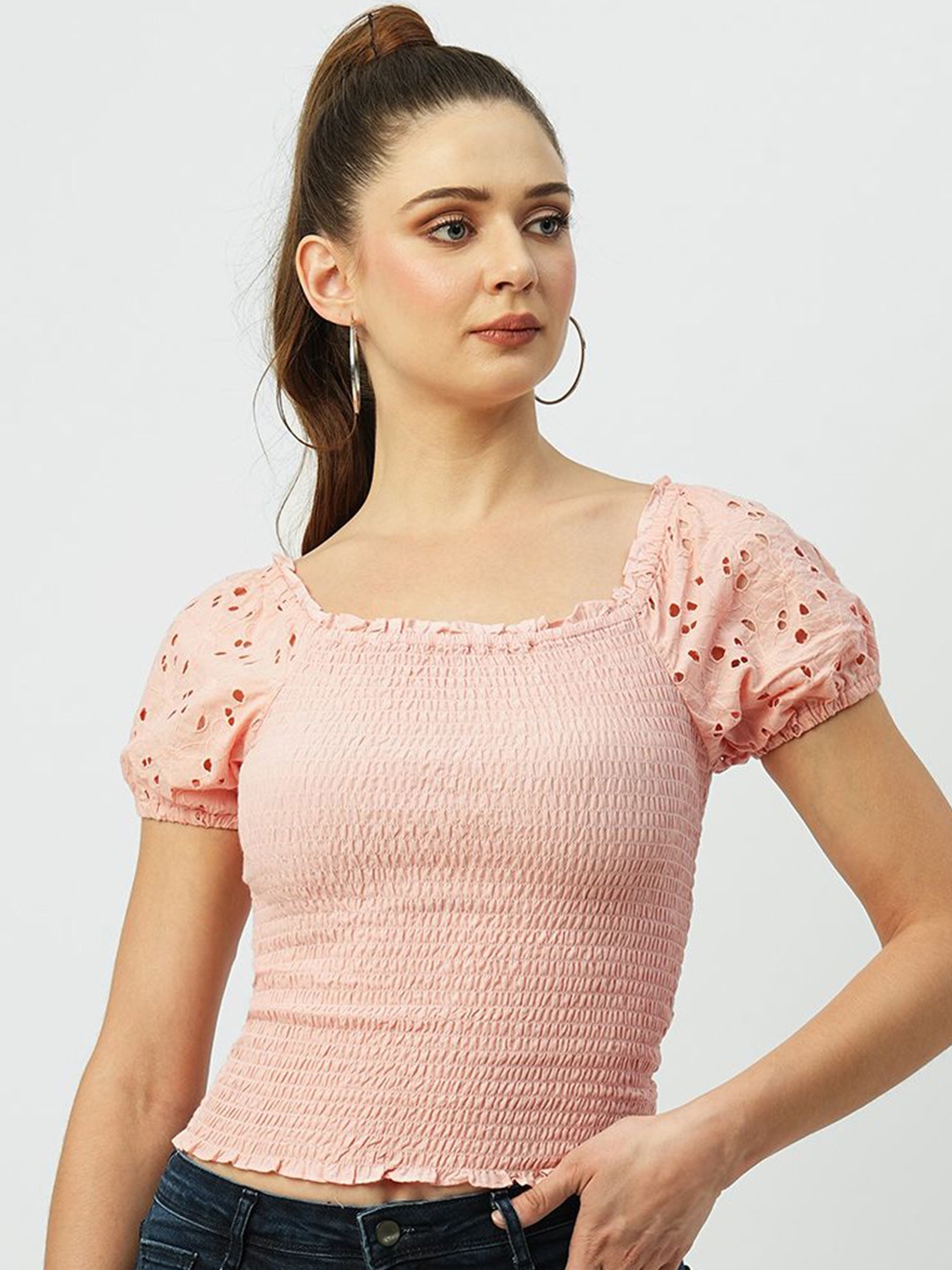 

Kraus Jeans Self Design Puff Sleeve Cotton Fitted Top, Pink
