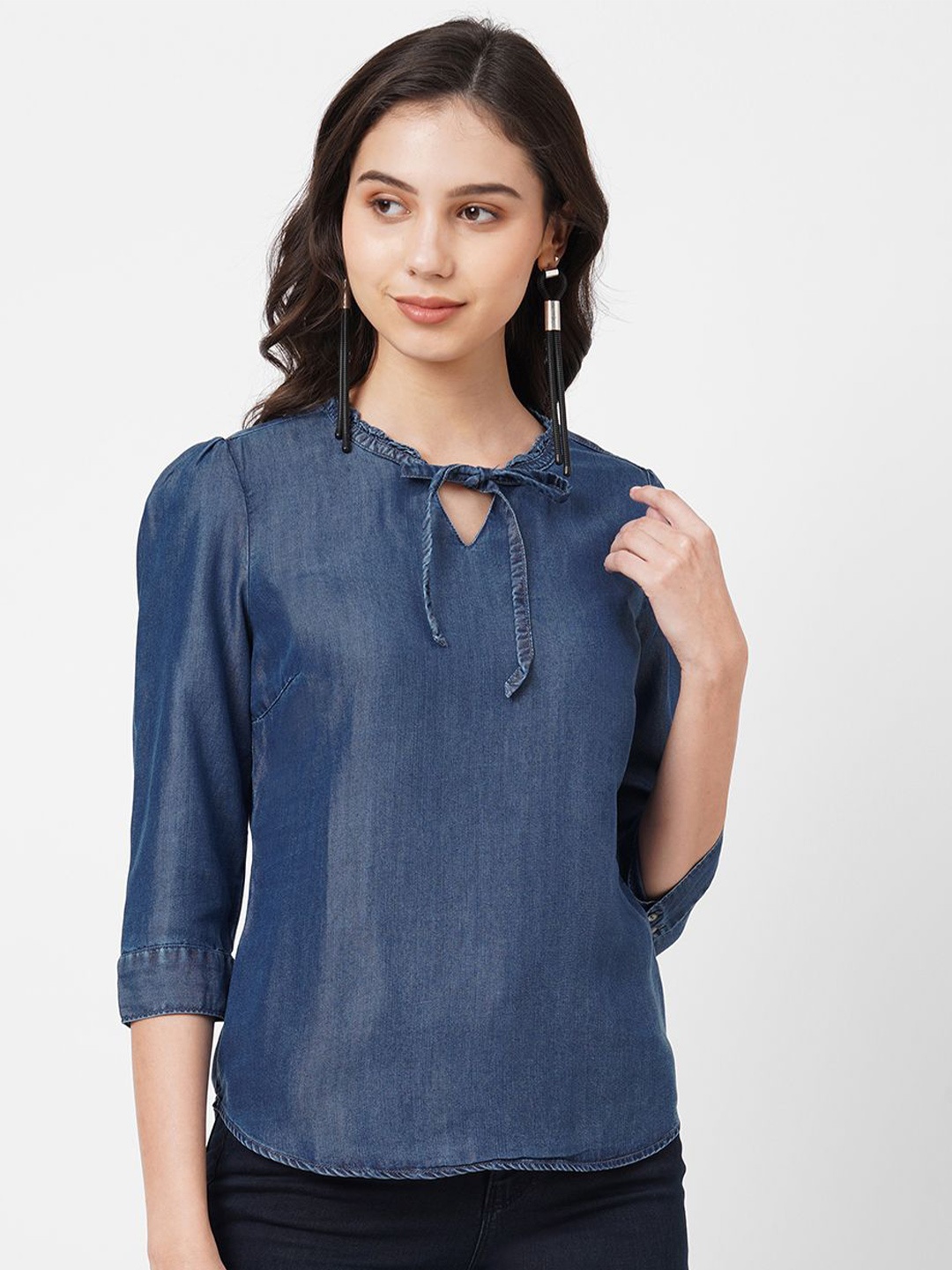 

Kraus Jeans Tie-Up Neck Cotton Top, Blue