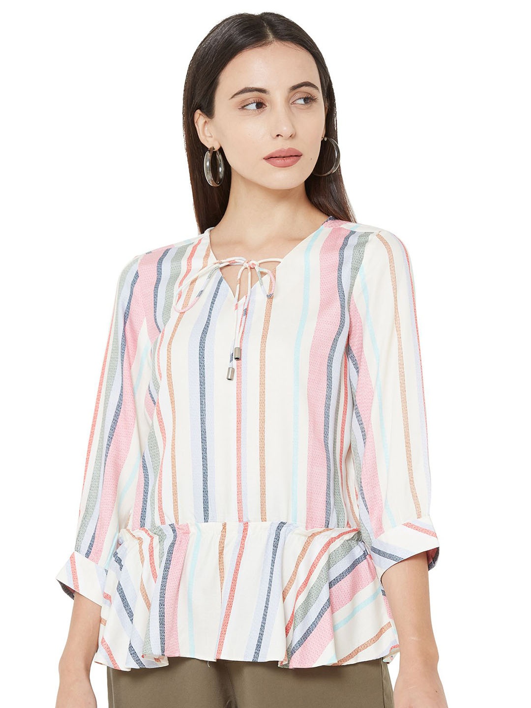 

Kraus Jeans Striped Tie-Up Neck Regular Sleeves Top, White