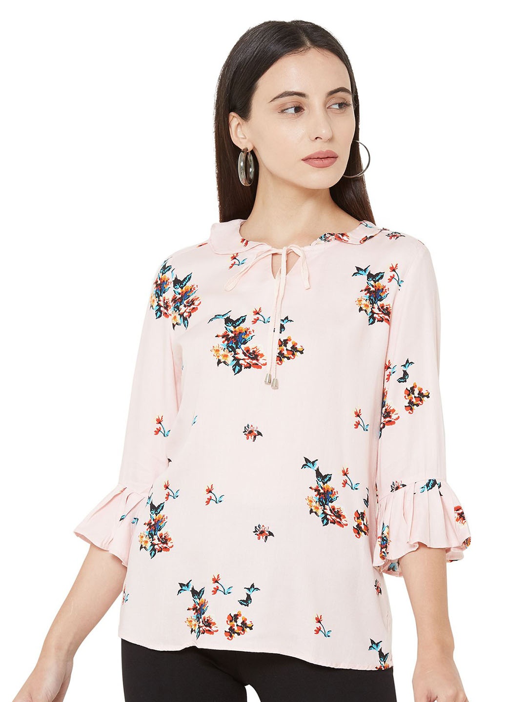 

Kraus Jeans Floral Print Tie-Up Neck Bell Sleeve Top, Peach