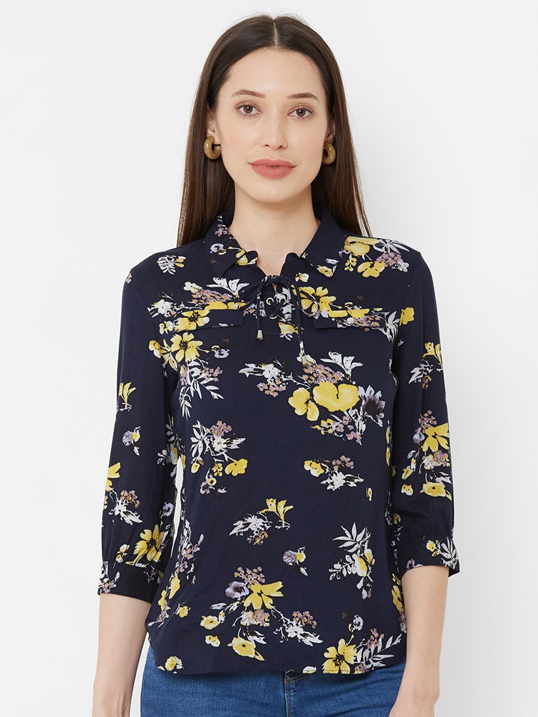 

Kraus Jeans Floral Printed Tie Up Detail Shirt Style Top, Navy blue