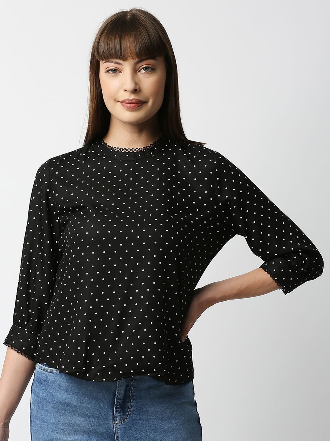 

Kraus Jeans Polka Dot Printed Round Neck Top, Black