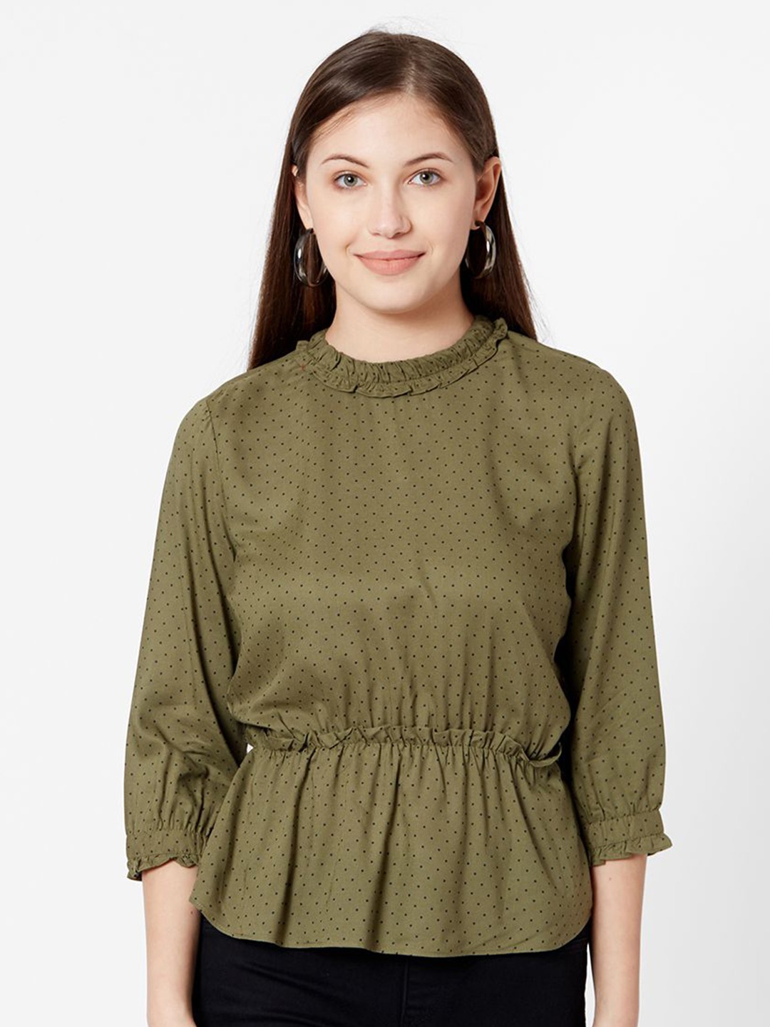 

Kraus Jeans Polka Dots Printed Cinched Waist Top, Olive