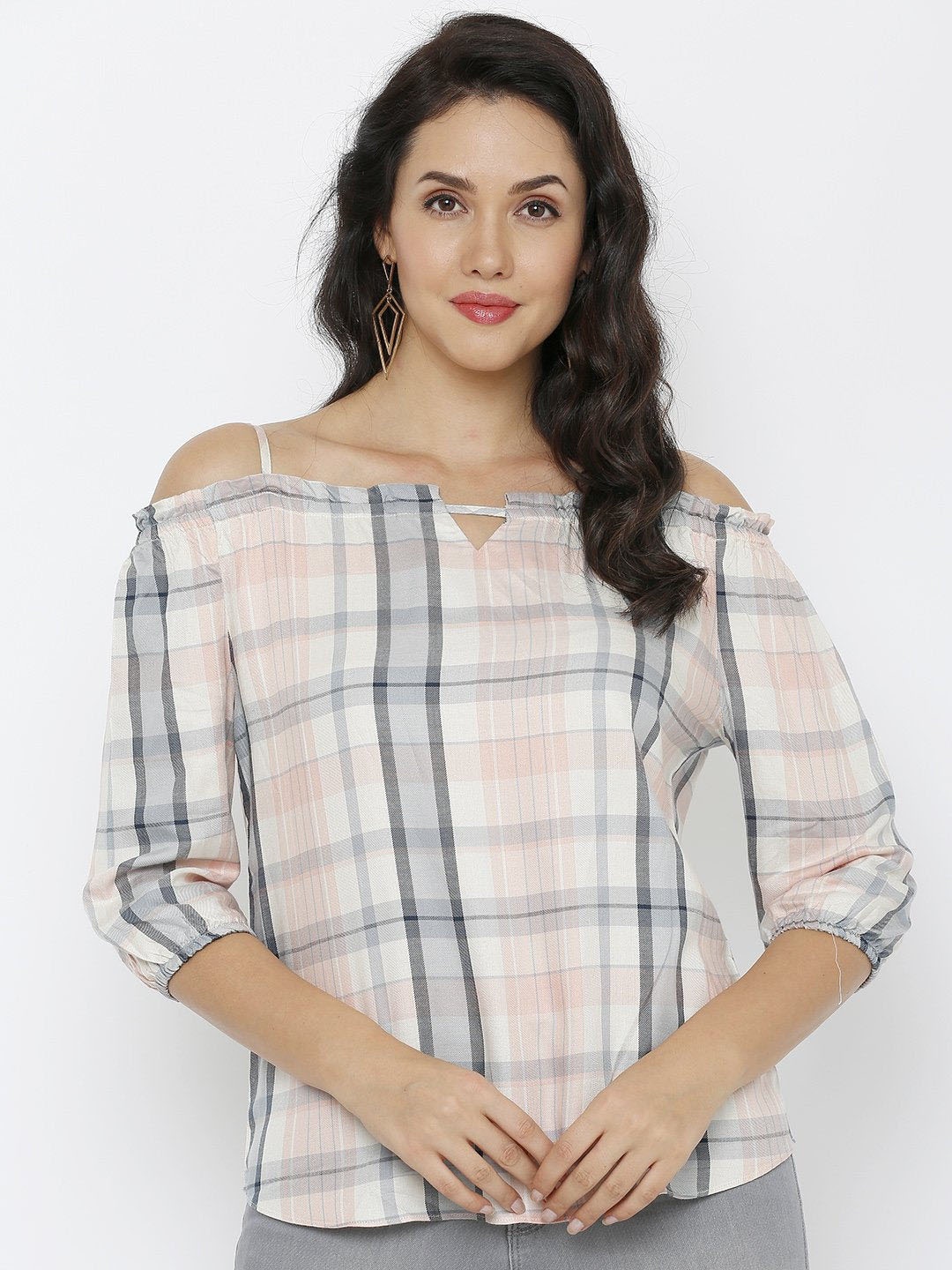 

Kraus Jeans Checked Cold-Shoulder Sleeves Bardot Top, Grey