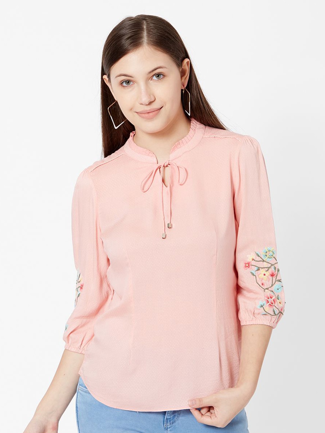 

Kraus Jeans Floral Embroidered Tie-Up Neck Regular Sleeves Cotton Top, Peach