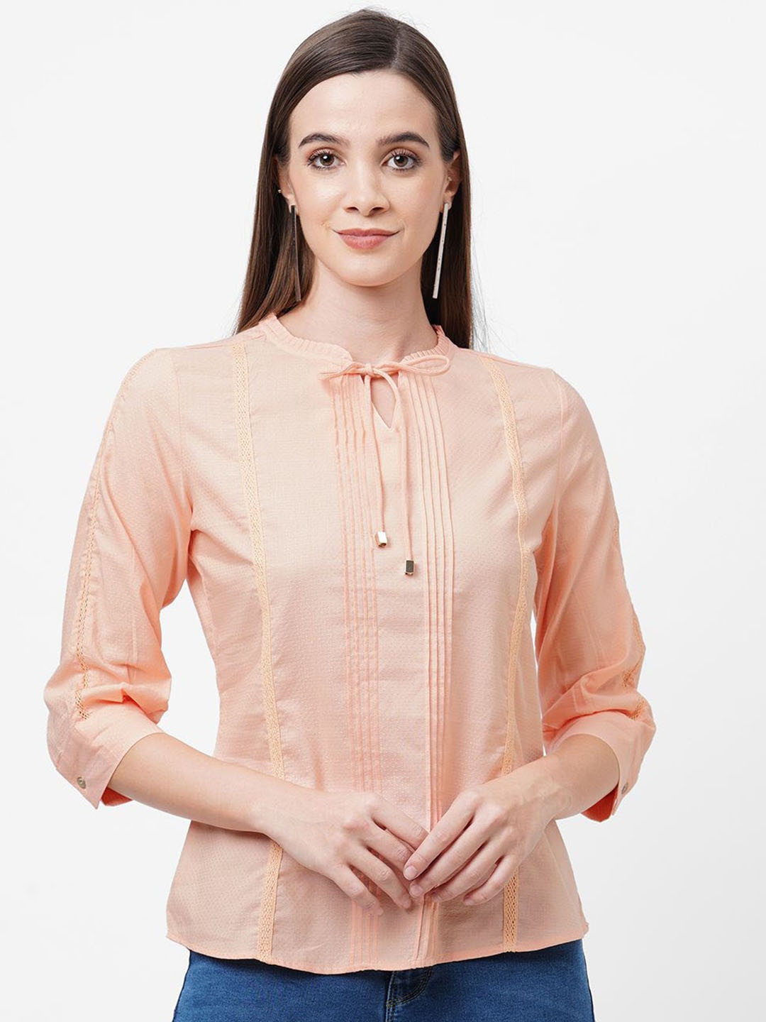 

Kraus Jeans Tie-Up Neck Cotton Top, Peach