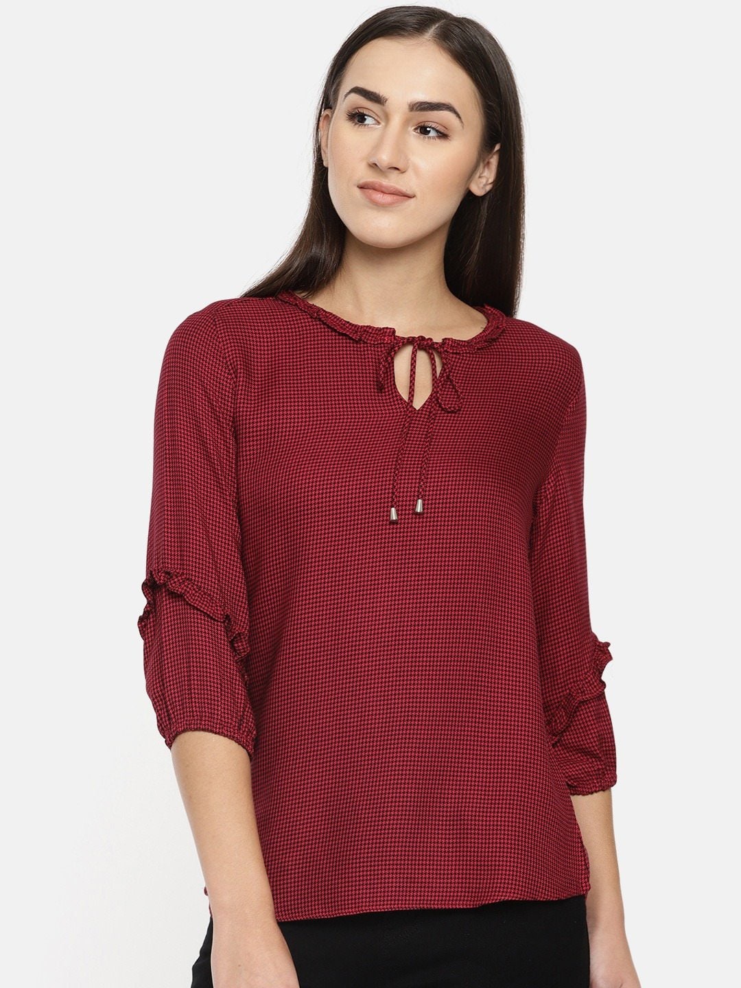 

Kraus Jeans Checked Tie-Up Neck Puff Sleeves Top, Red