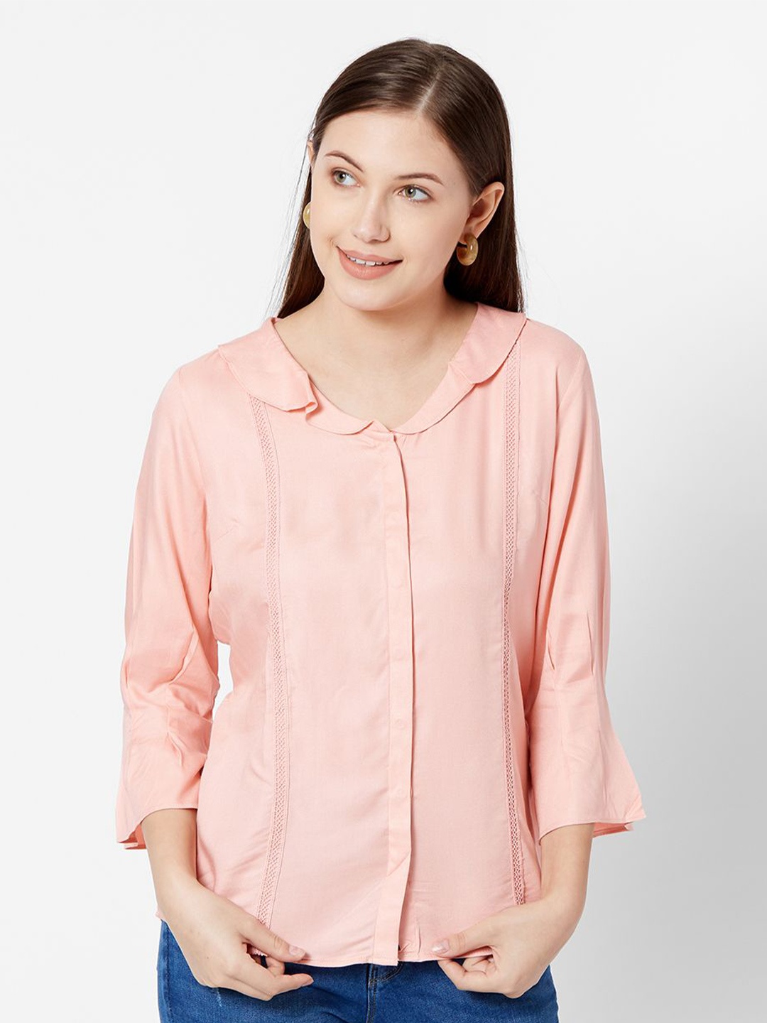 

Kraus Jeans Peter Pan Collar Regular Sleeves Shirt Style Top, Peach