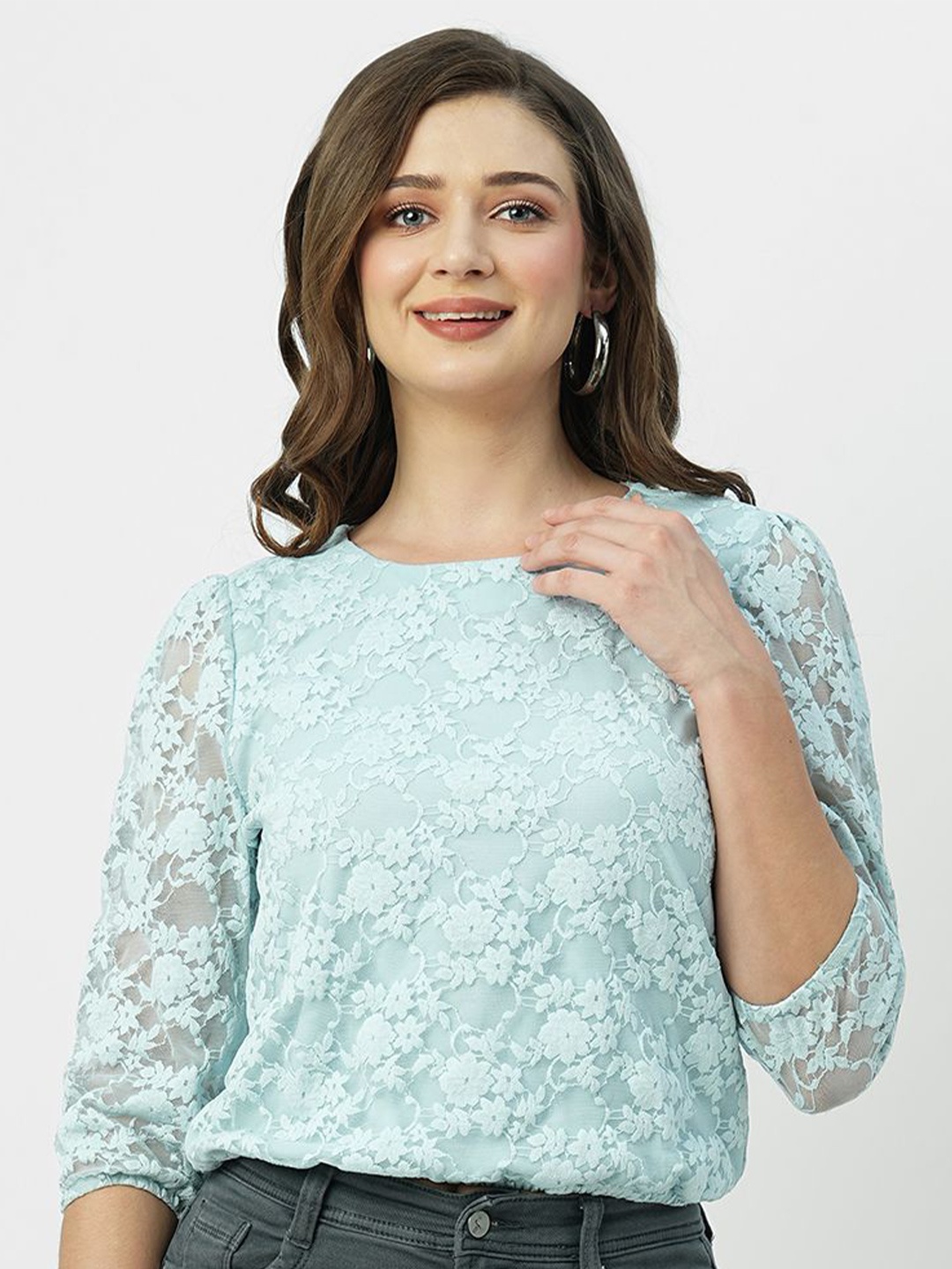 

Kraus Jeans Self Design Round Neck Net Top, Blue