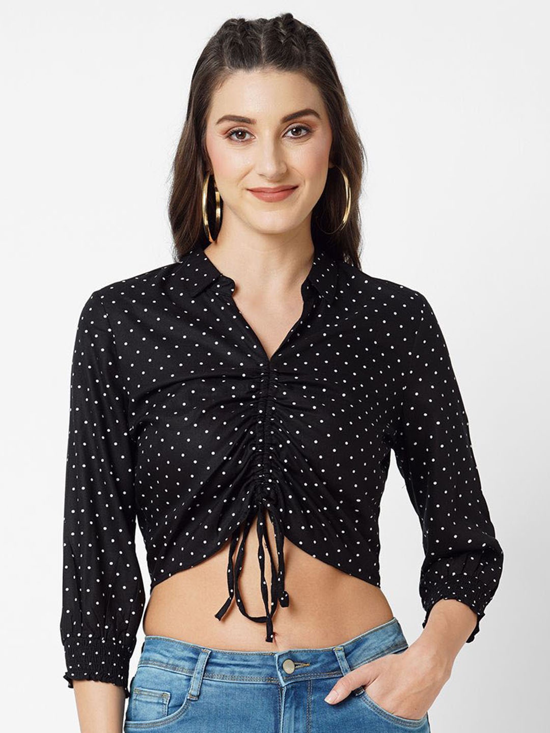 

Kraus Jeans Polka Dot Printed Mandarin Collar Shirt Style Crop Top, Black