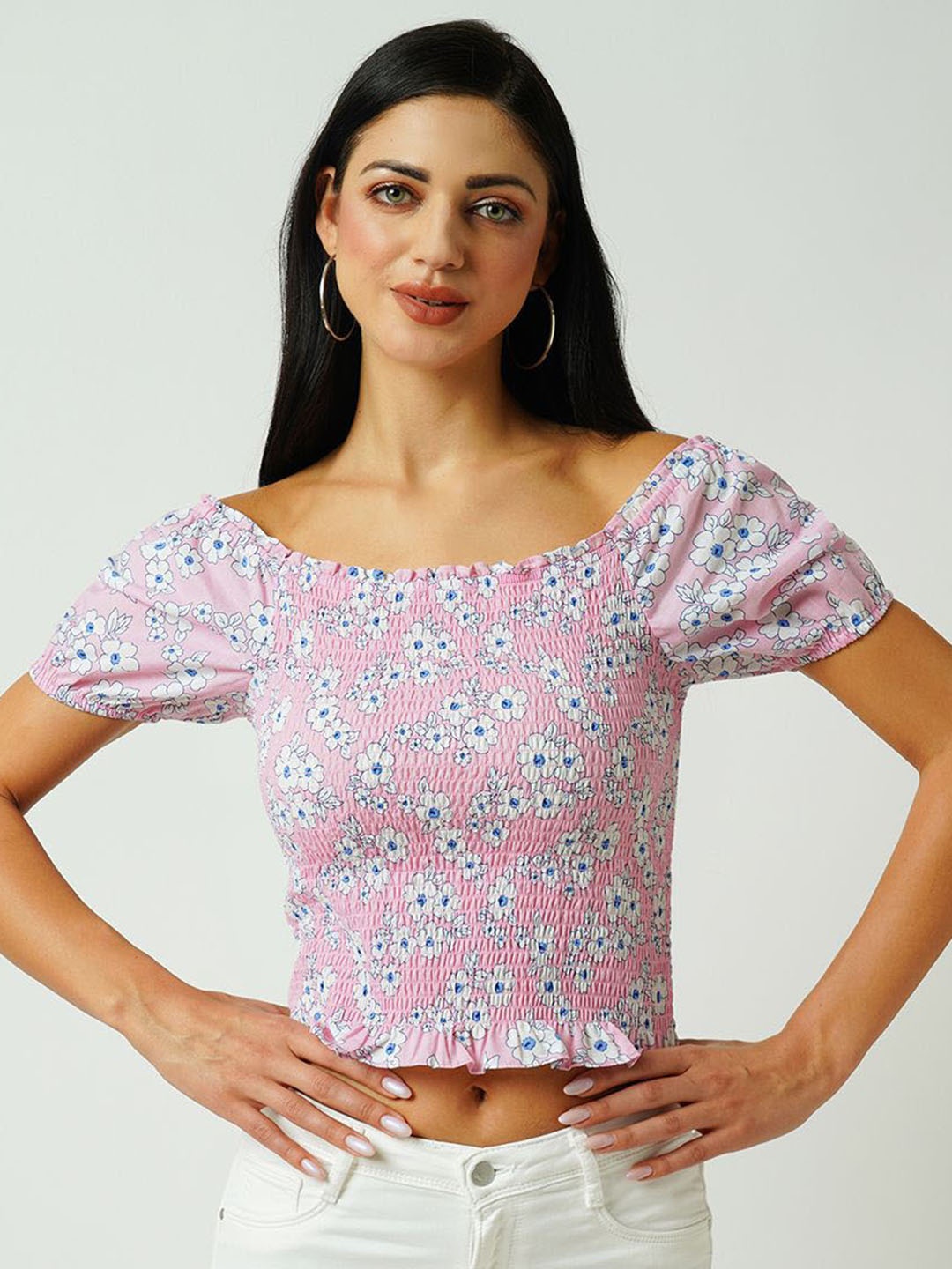 

Kraus Jeans Floral Printed Cotton Fitted Crop Top, Pink