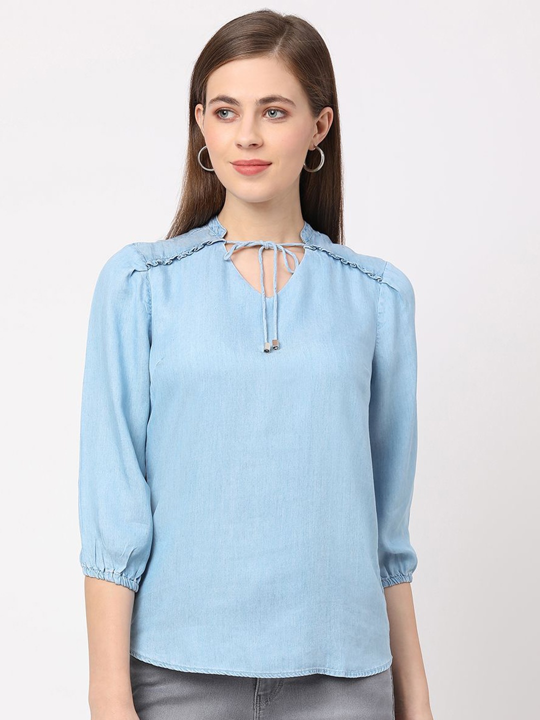 

Kraus Jeans Tie Up Neck Cuffed Sleeves Cotton Top, Blue