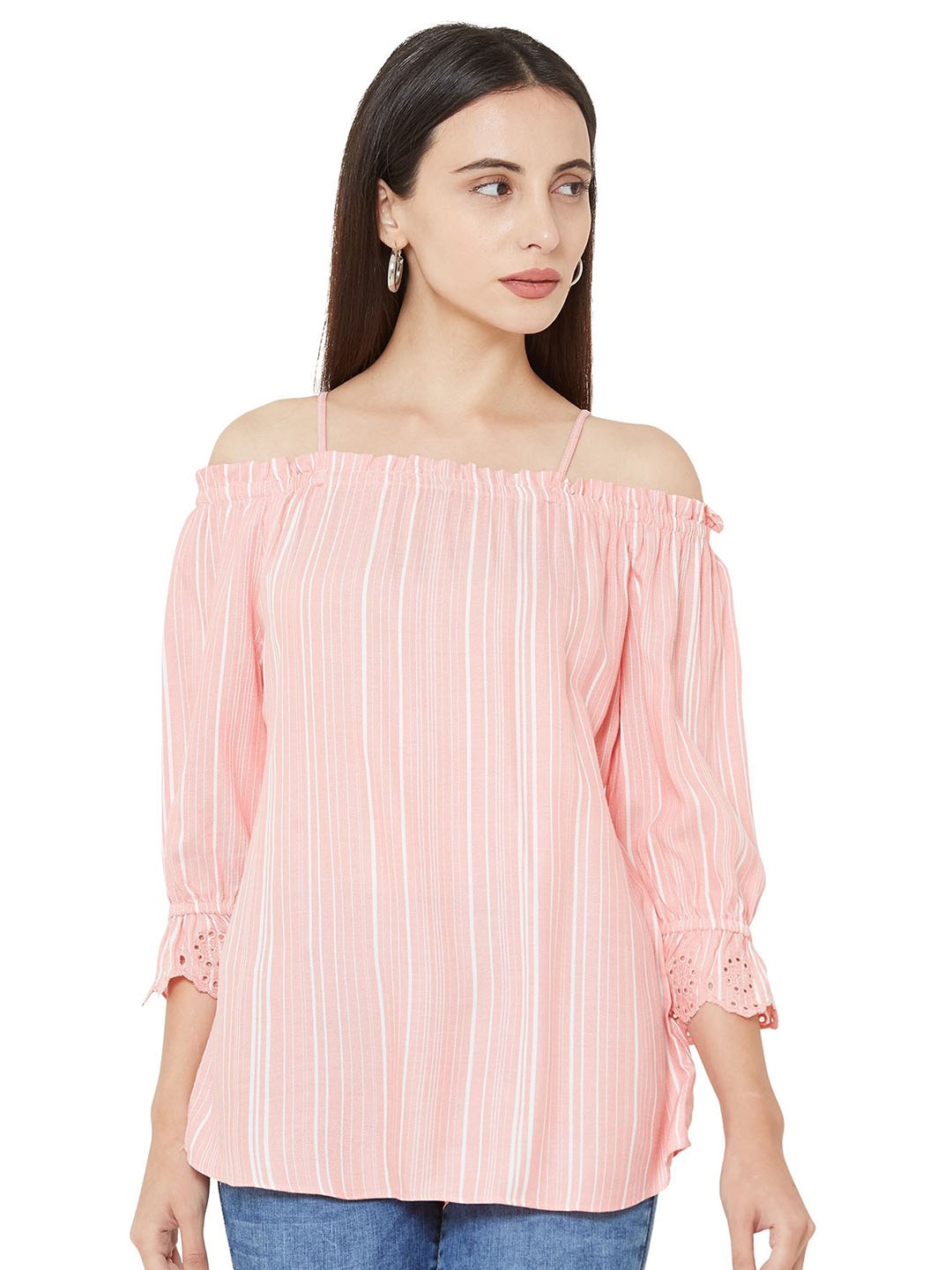 

Kraus Jeans Striped Off-Shoulder Cold-Shoulder sleeves Bardot Top, Peach