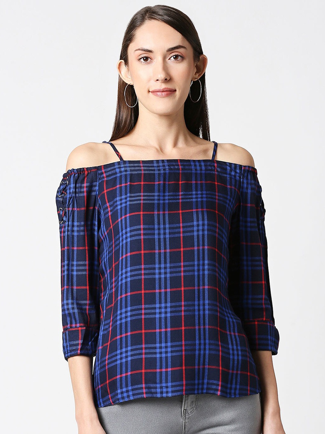 

Kraus Jeans Checked Off-Shoulder Cotton Bardot Top, Navy blue