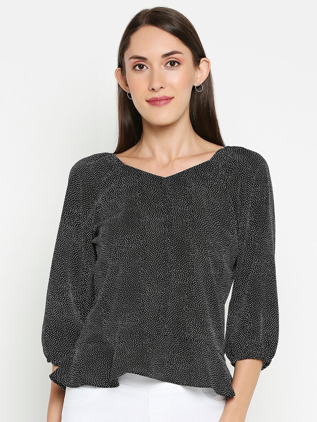 

Kraus Jeans Abstract Printed V-Neck Cotton Top, Black