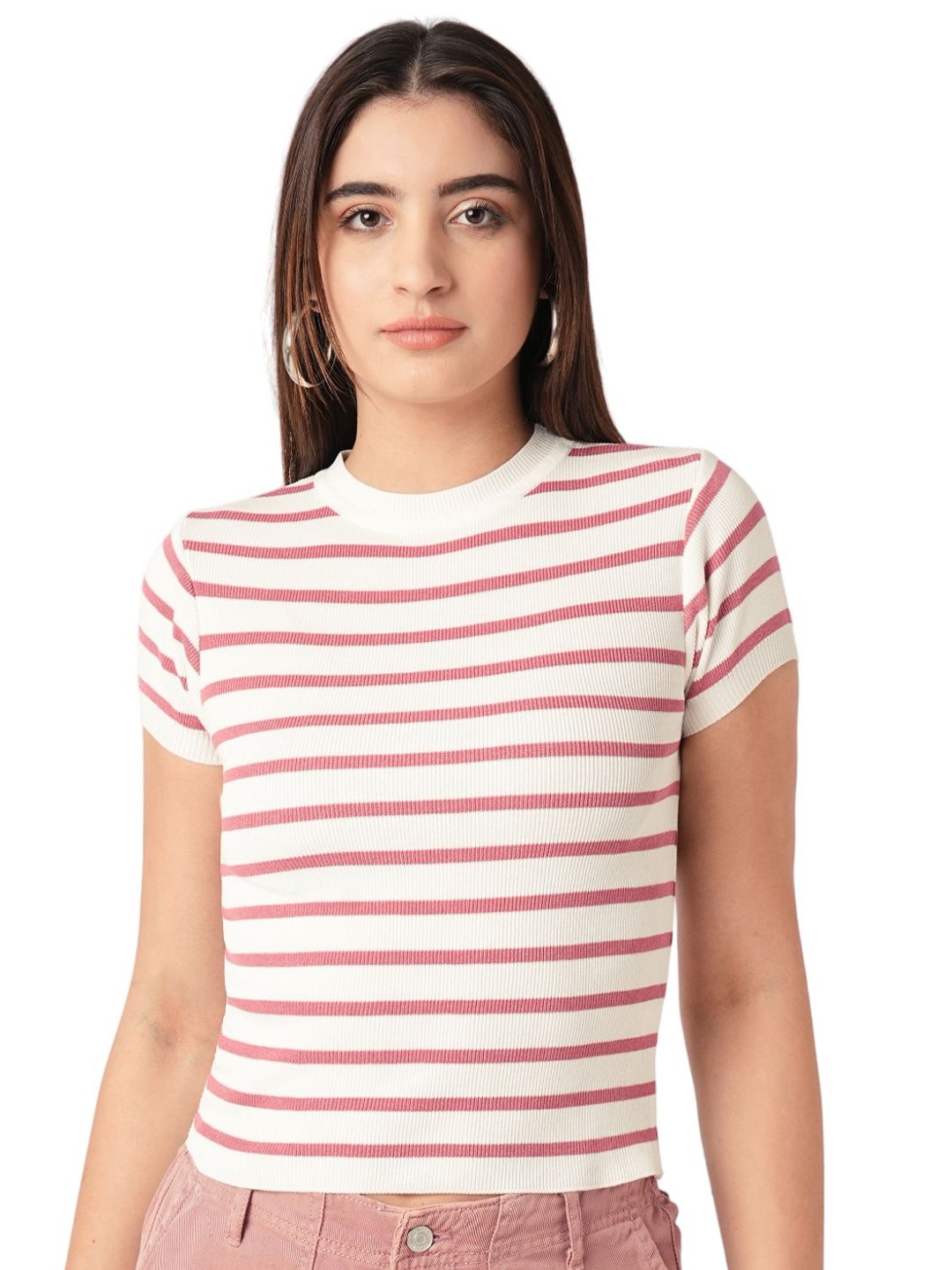 

Kraus Jeans Striped Round Neck Regular Sleeves Top, Pink