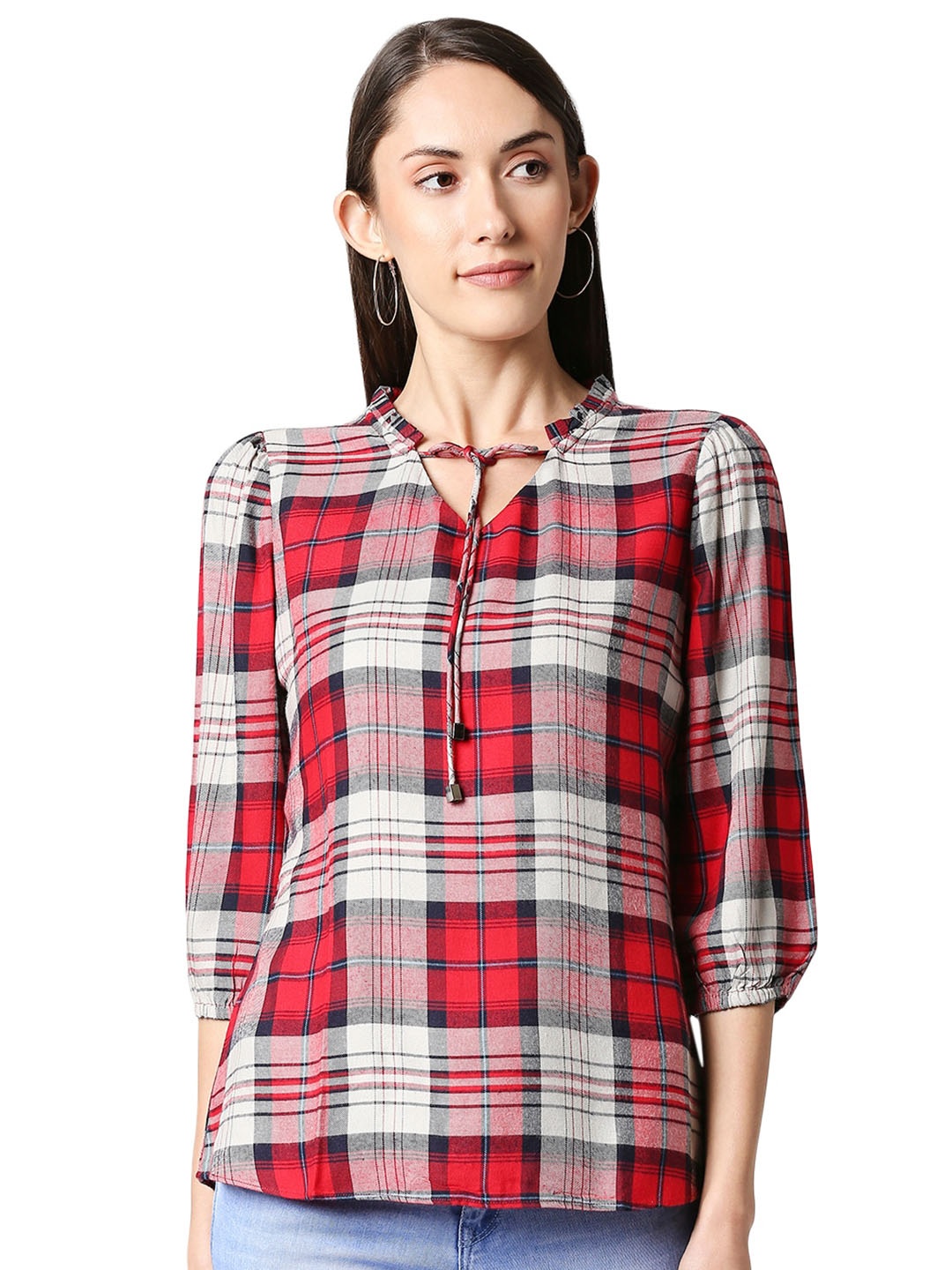 

Kraus Jeans Checked Tie Up Neck Regular Sleeves Top, Multi