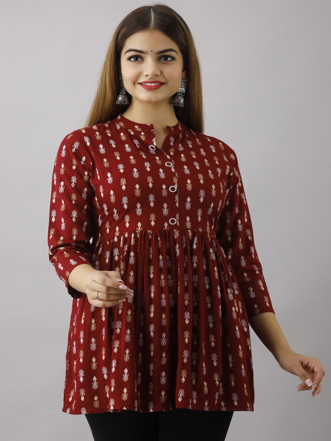 

ftDiva Ethnic Motifs Printed Mandarin Collar Cotton Tunic, Maroon