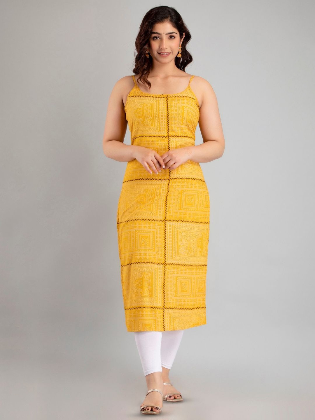 

ftDiva Geometric Printed Sleeveless Straight Kurta, Yellow