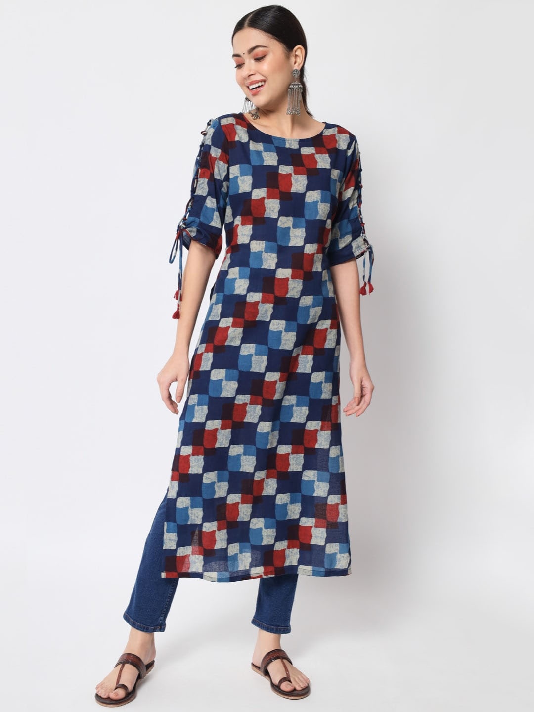 

ftDiva Geometric Printed Pure Cotton Kurta, Blue