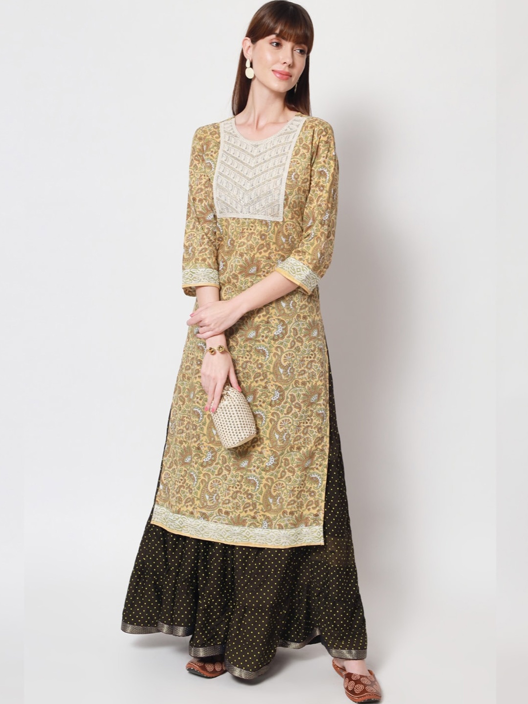 

ftDiva Floral Printed Pure Cotton Kurta, Yellow