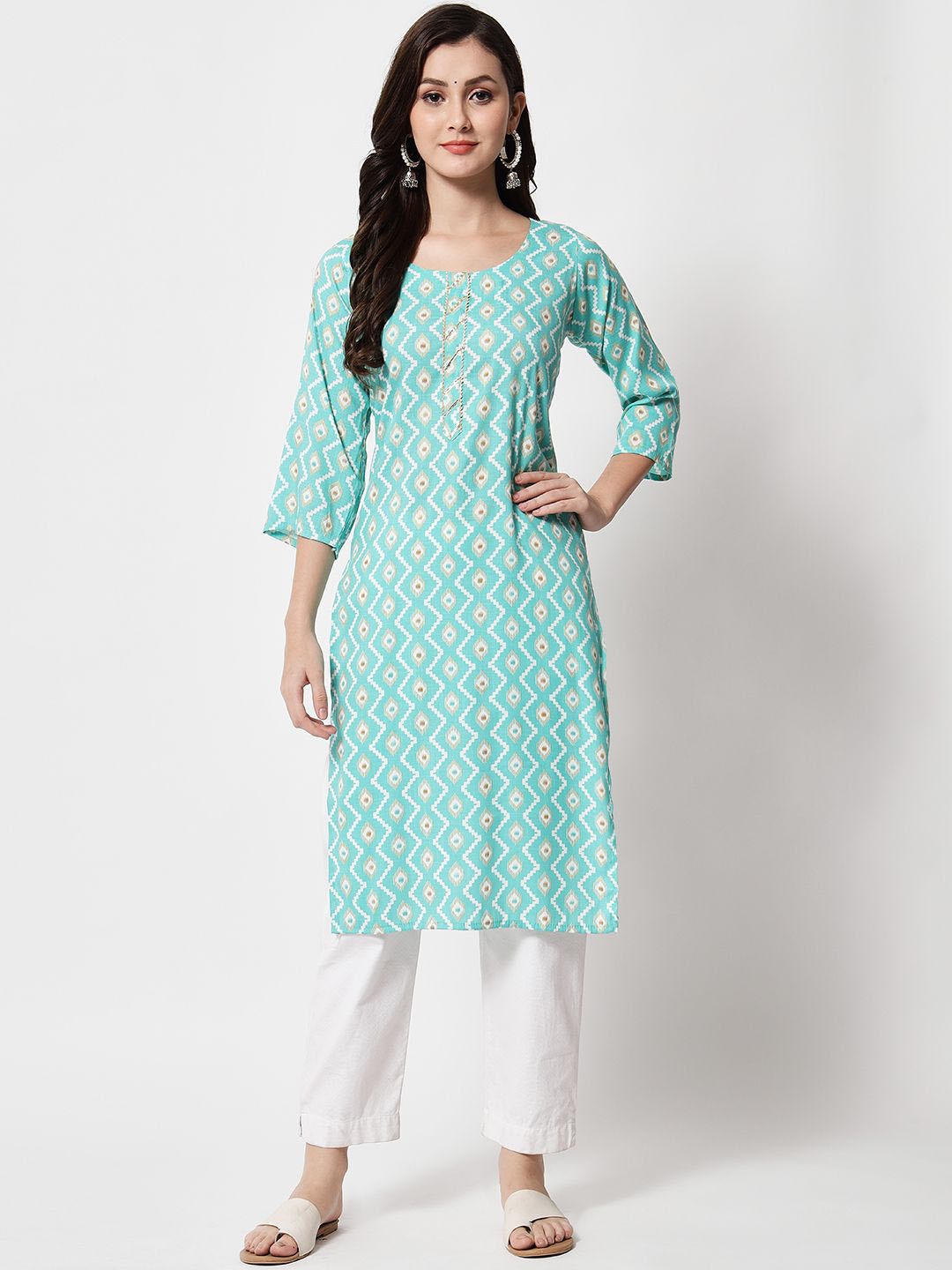 

ftDiva Geometric Woven Design Kurta, Sea green