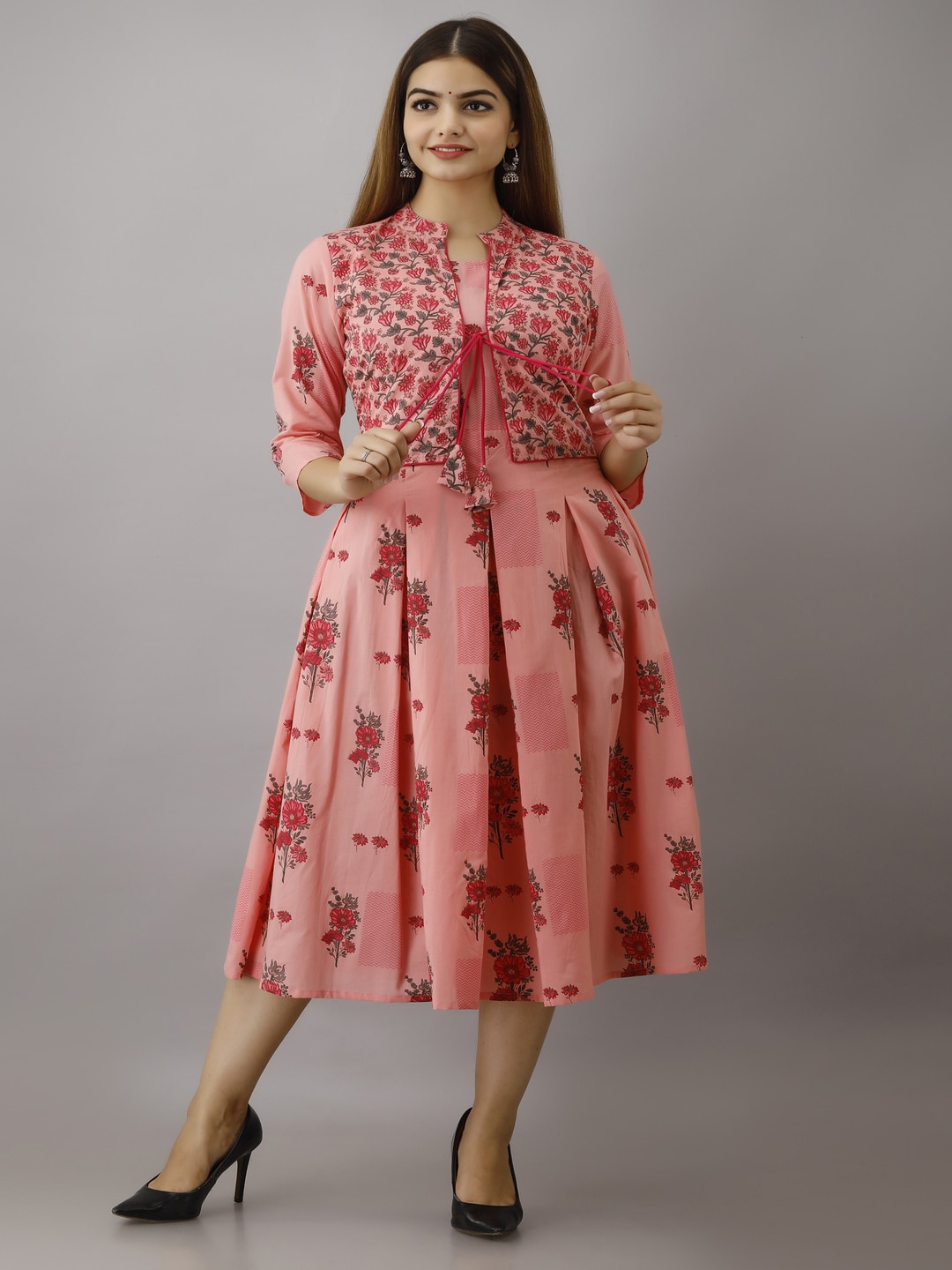 

ftDiva Floral Printed Flared Ethnic Dress, Pink