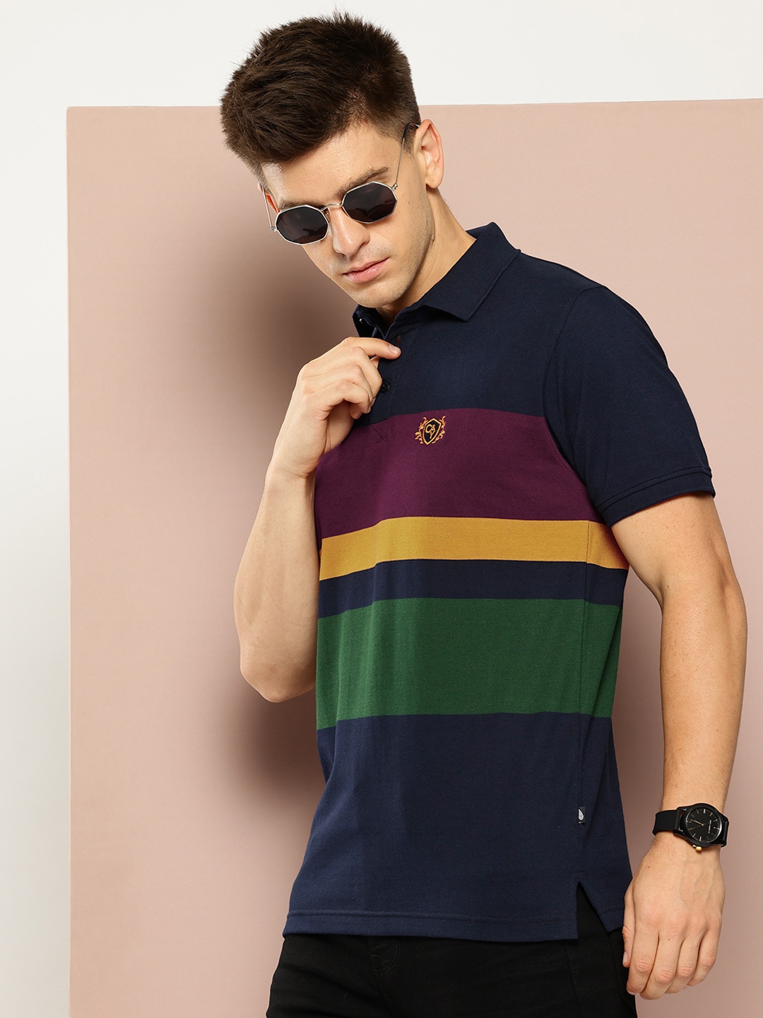 

Club York Men Colourblocked Polo Collar T-shirt, Navy blue