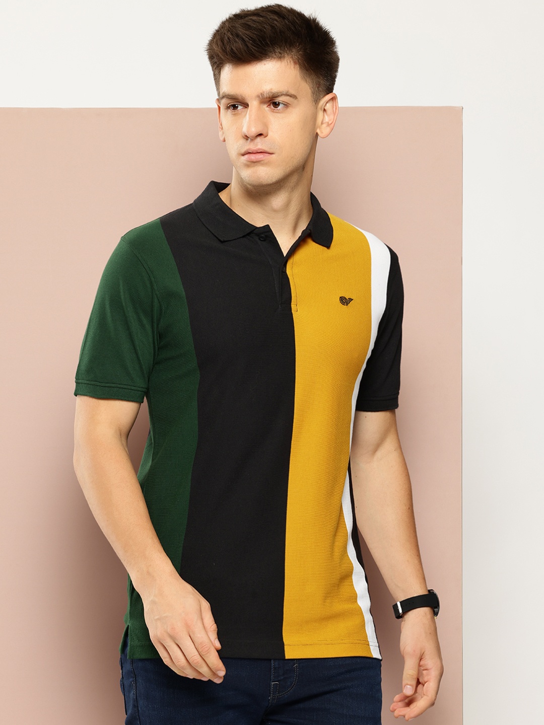 

Club York Men Colourblocked Polo Collar T-shirt, Black
