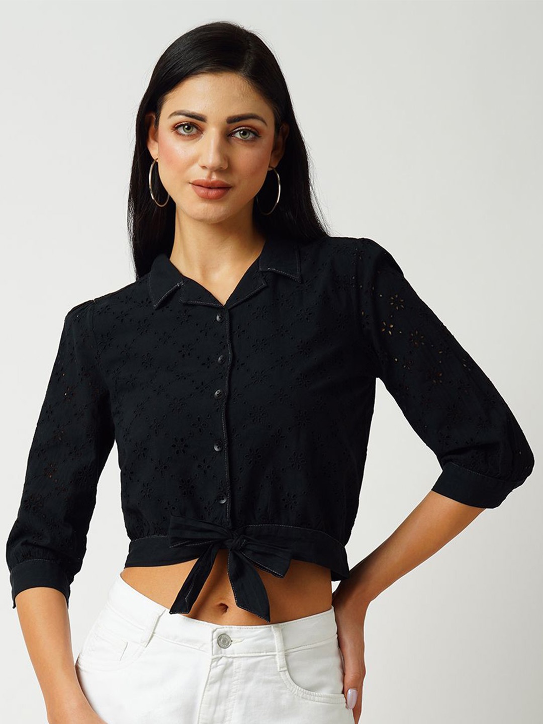 

Kraus Jeans Cuban Collar Slim Fit Schiffli Cotton Crop Casual Shirt, Black
