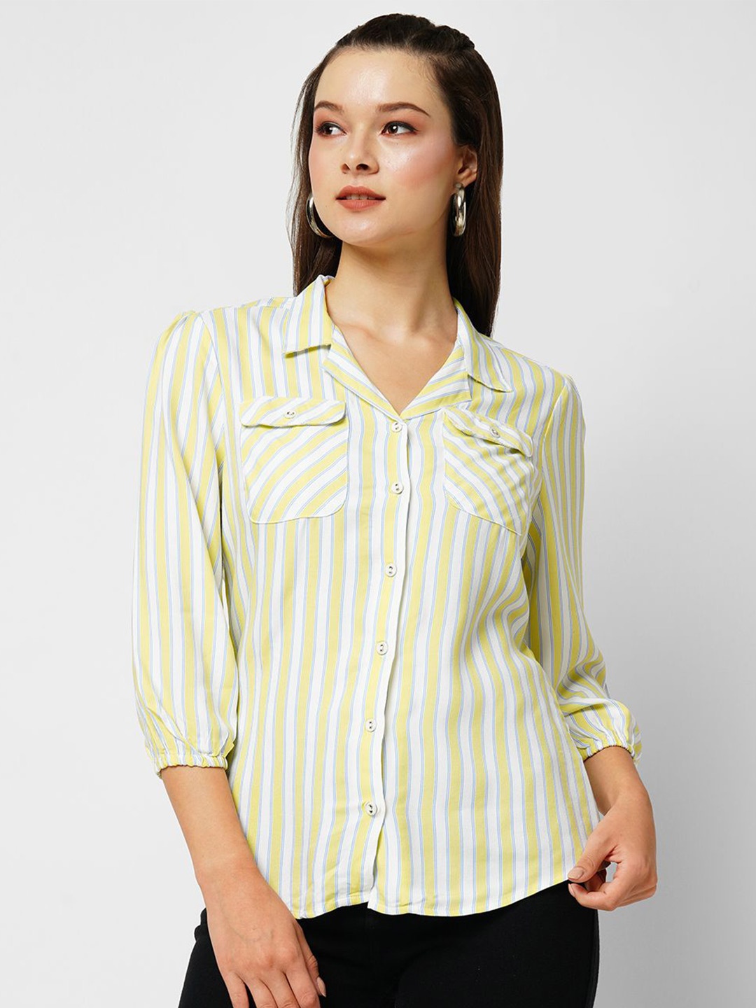 

Kraus Jeans Cuban Collar Slim Fit Opaque Striped Casual Shirt, Yellow