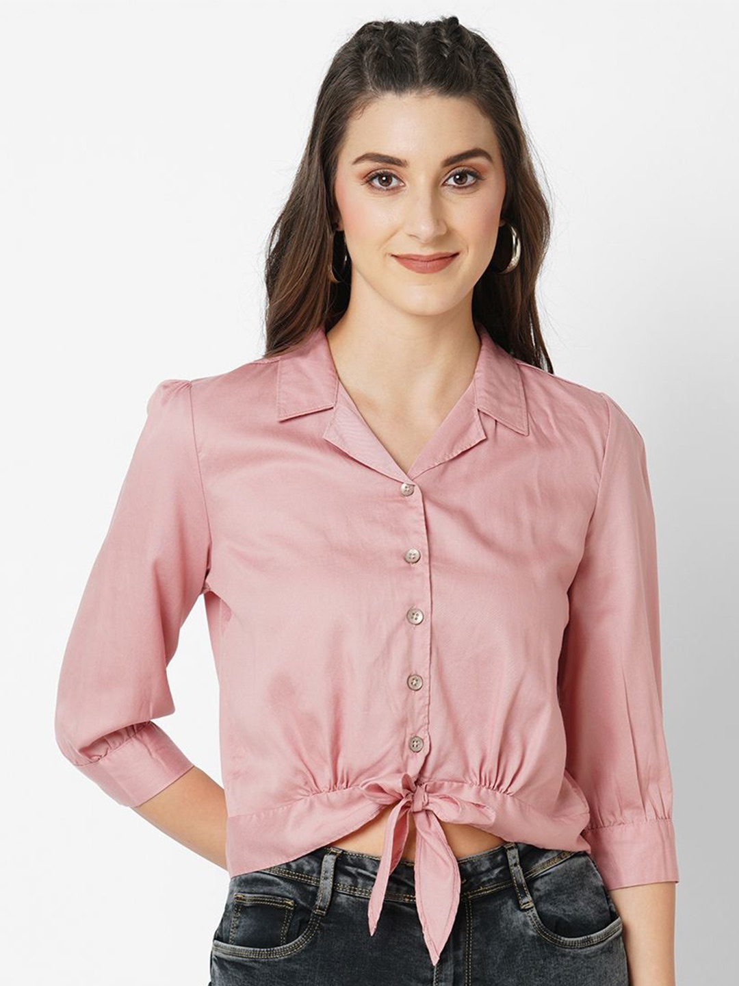 

Kraus Jeans Cuban Collar Slim Fit Opaque Crop Casual Shirt, Pink