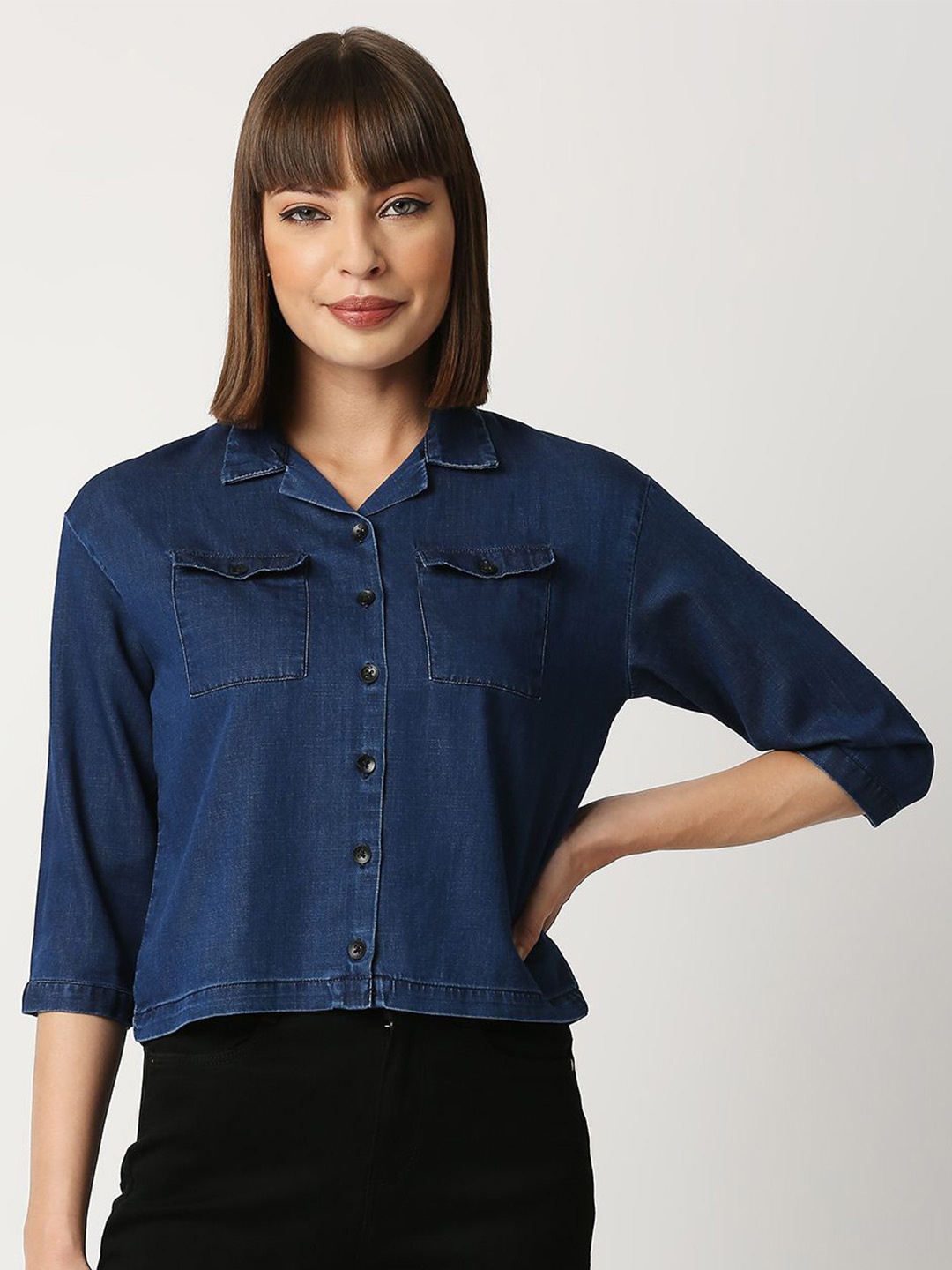 

Kraus Jeans Cuban Collar Slim Fit Cotton Crop Casual Shirt, Blue