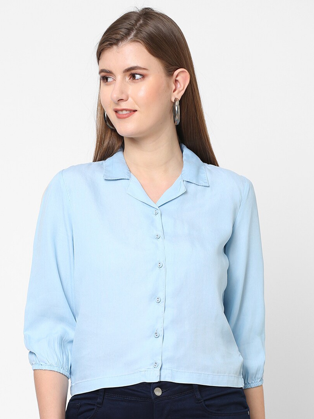 

Kraus Jeans Cuban Collar Slim Fit Cotton Crop Casual Shirt, Blue