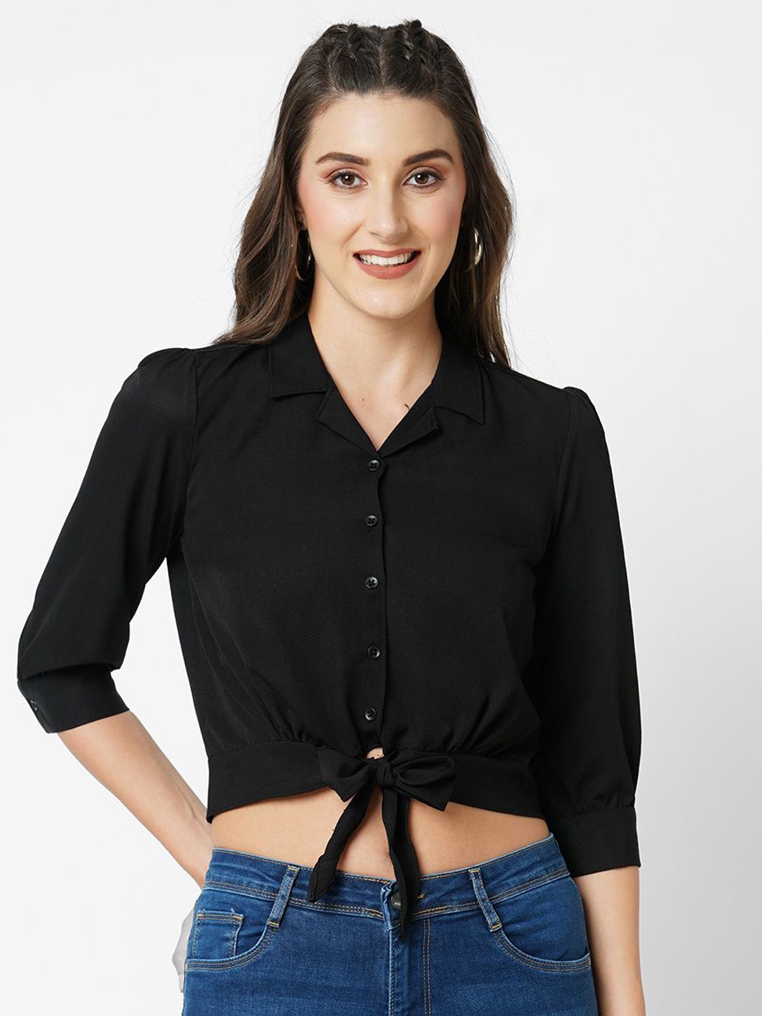 

Kraus Jeans Cuban Collar Slim Fit Opaque Crop Casual Shirt, Black