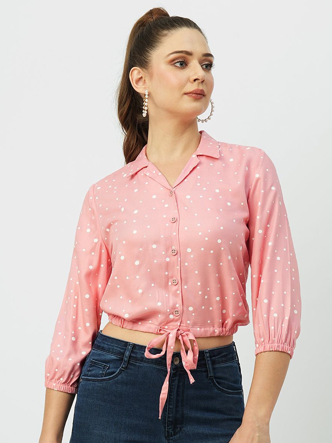 

Kraus Jeans Cuban Collar Slim Fit Opaque Printed Crop Casual Shirt, Pink