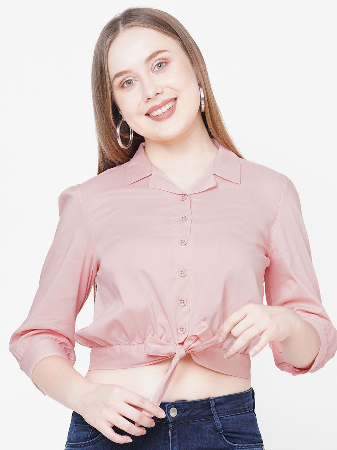 

Kraus Jeans Cuban Collar Slim Fit Opaque Crop Casual Shirt, Peach