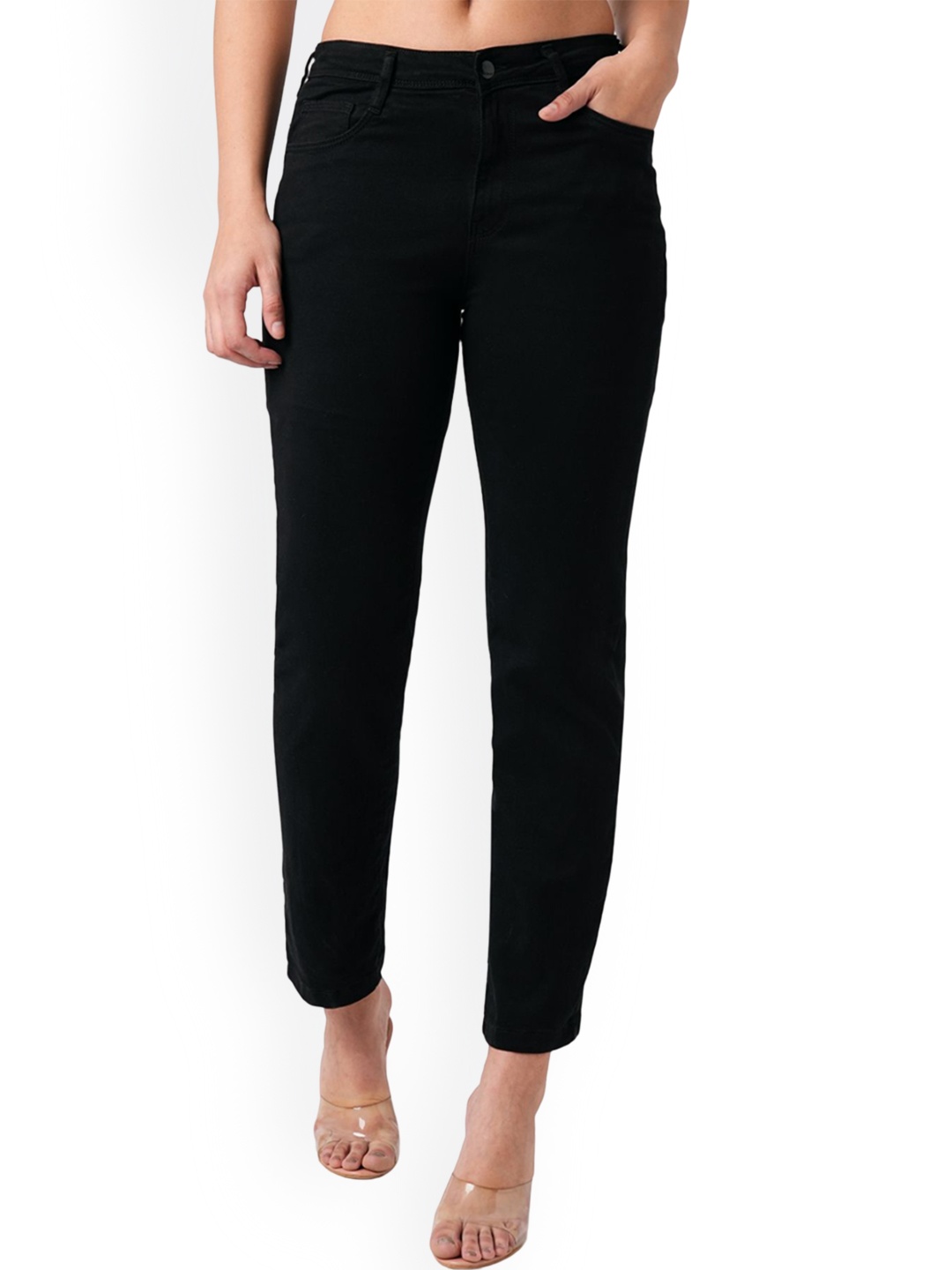 

Kraus Jeans Women Straight Fit Clean Look High-Rise Stretchable Jeans, Black