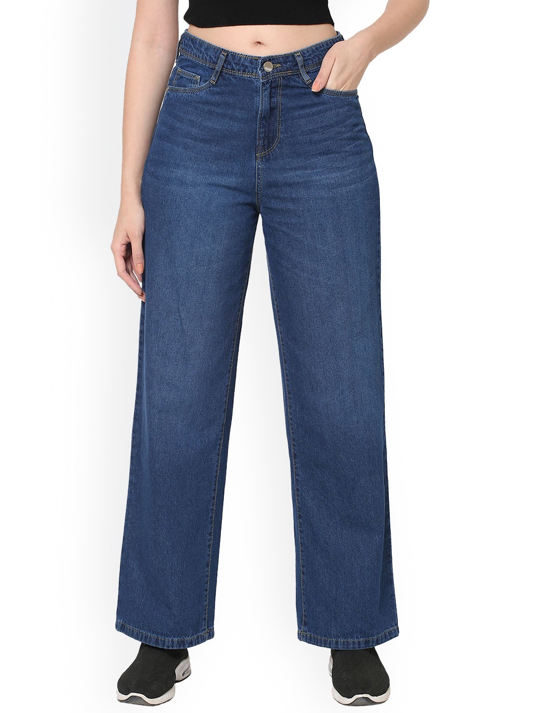 

Kraus Jeans Women Parallel Wide Leg High-Rise Light Fade Whiskers Pure Cotton Jeans, Blue