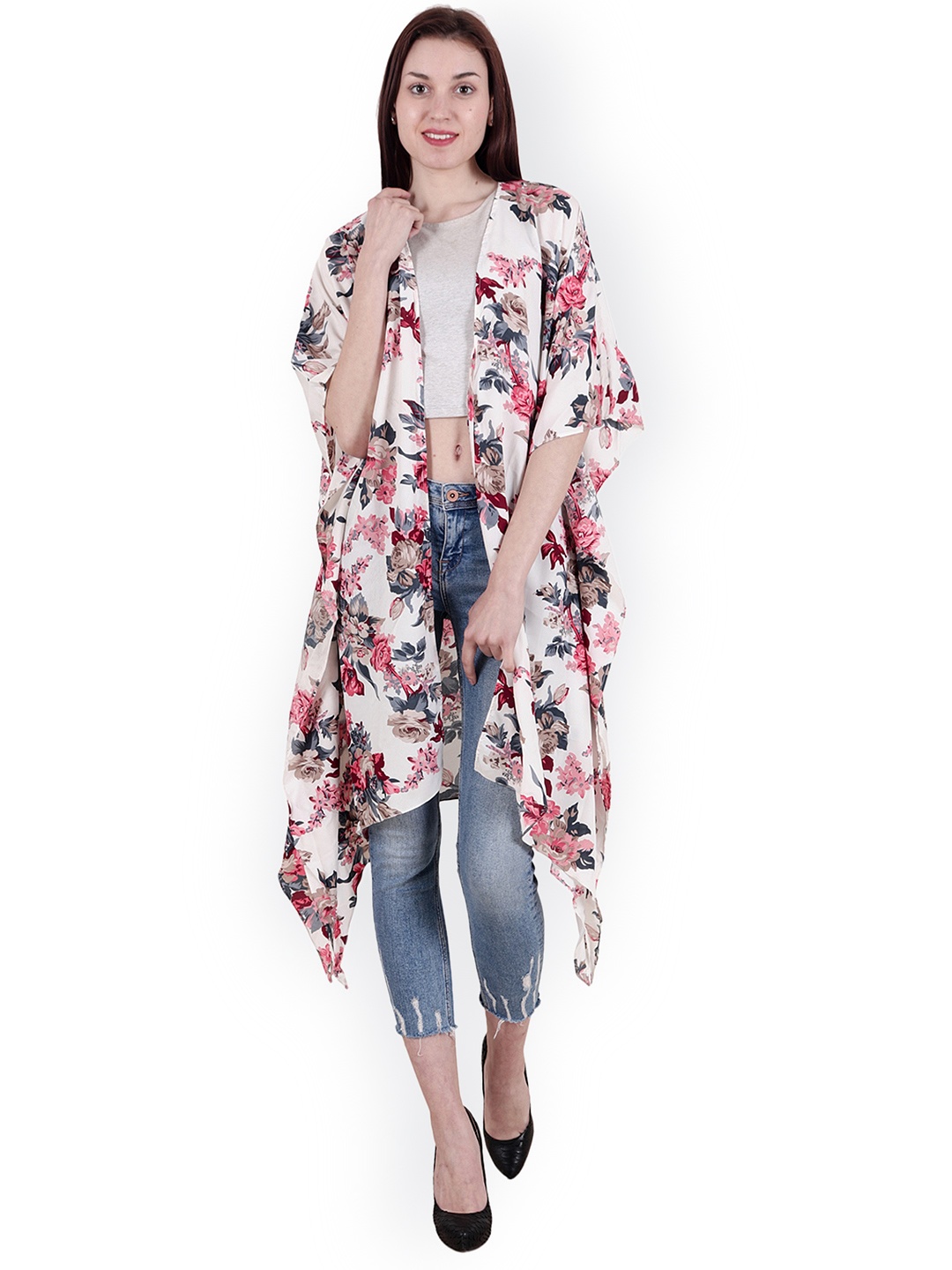 

SCORPIUS White & Maroon Printed Open Front Shrug