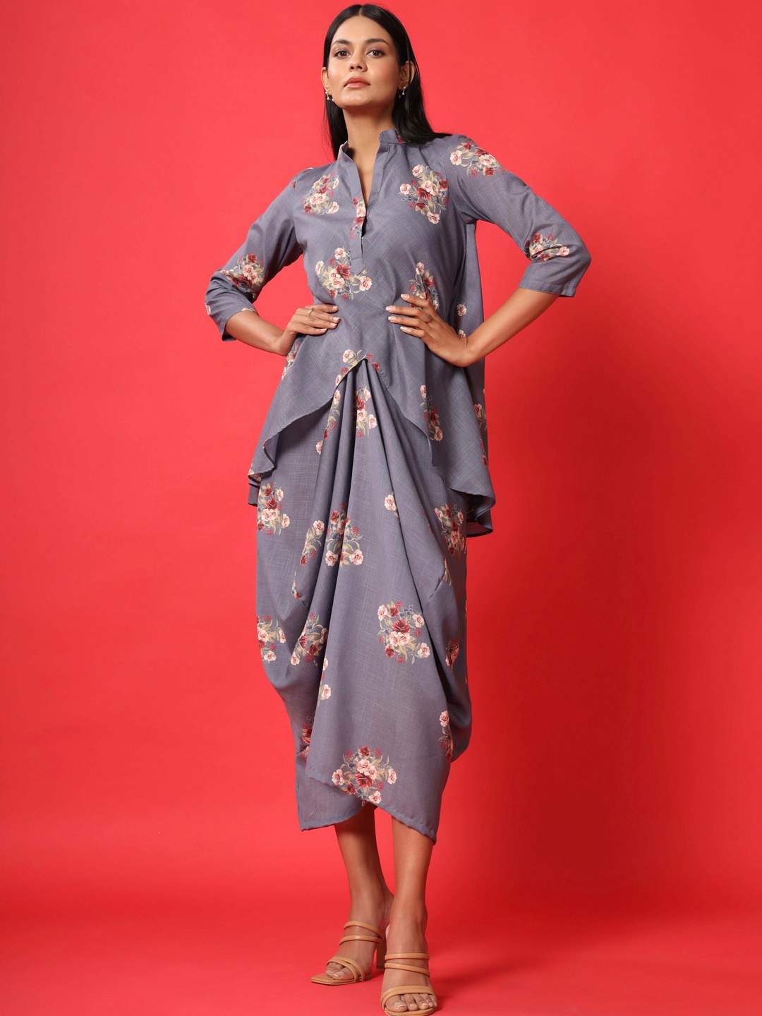

Pasha Floral Printed Maxi Dhoti Kurti Dress, Blue