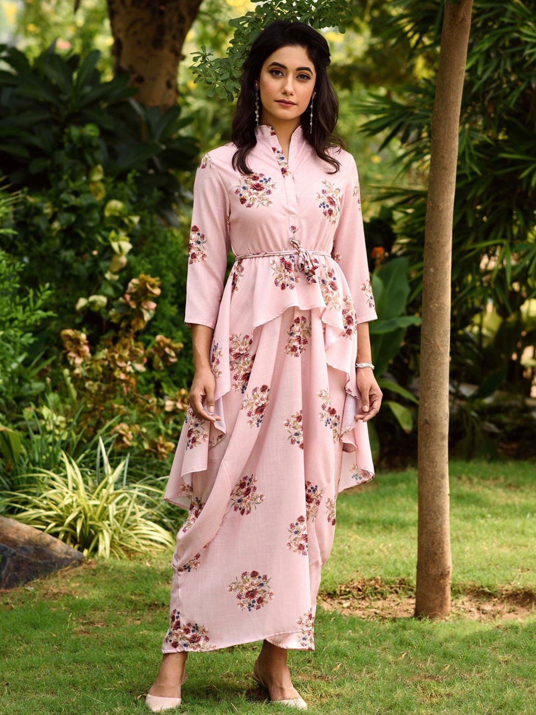

Pasha Floral Printed Shirt Collar Maxi Dhoti Kurti Dress, Pink
