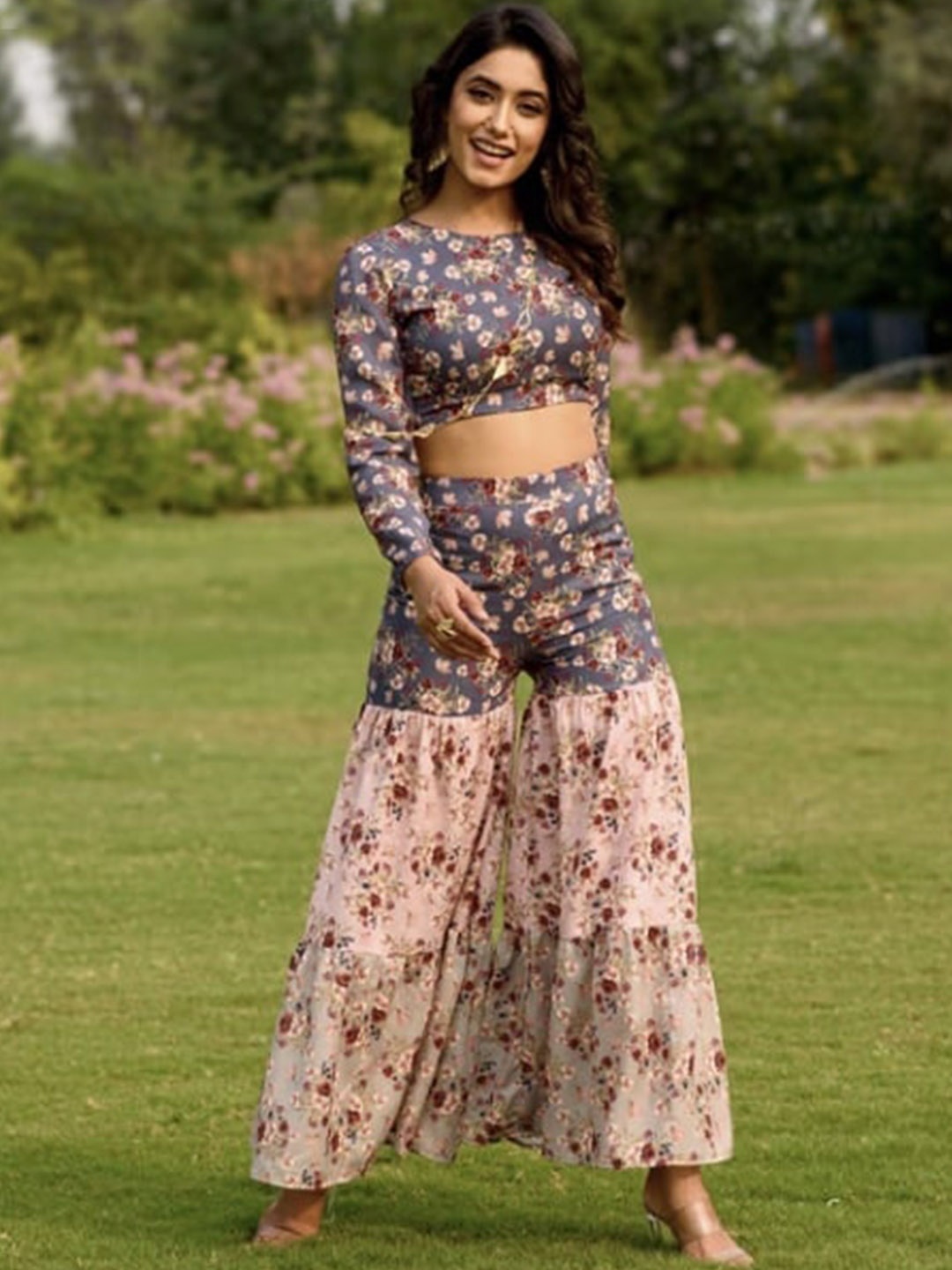 

Pasha Floral Printed Top & Sharara Co-Ord, Blue