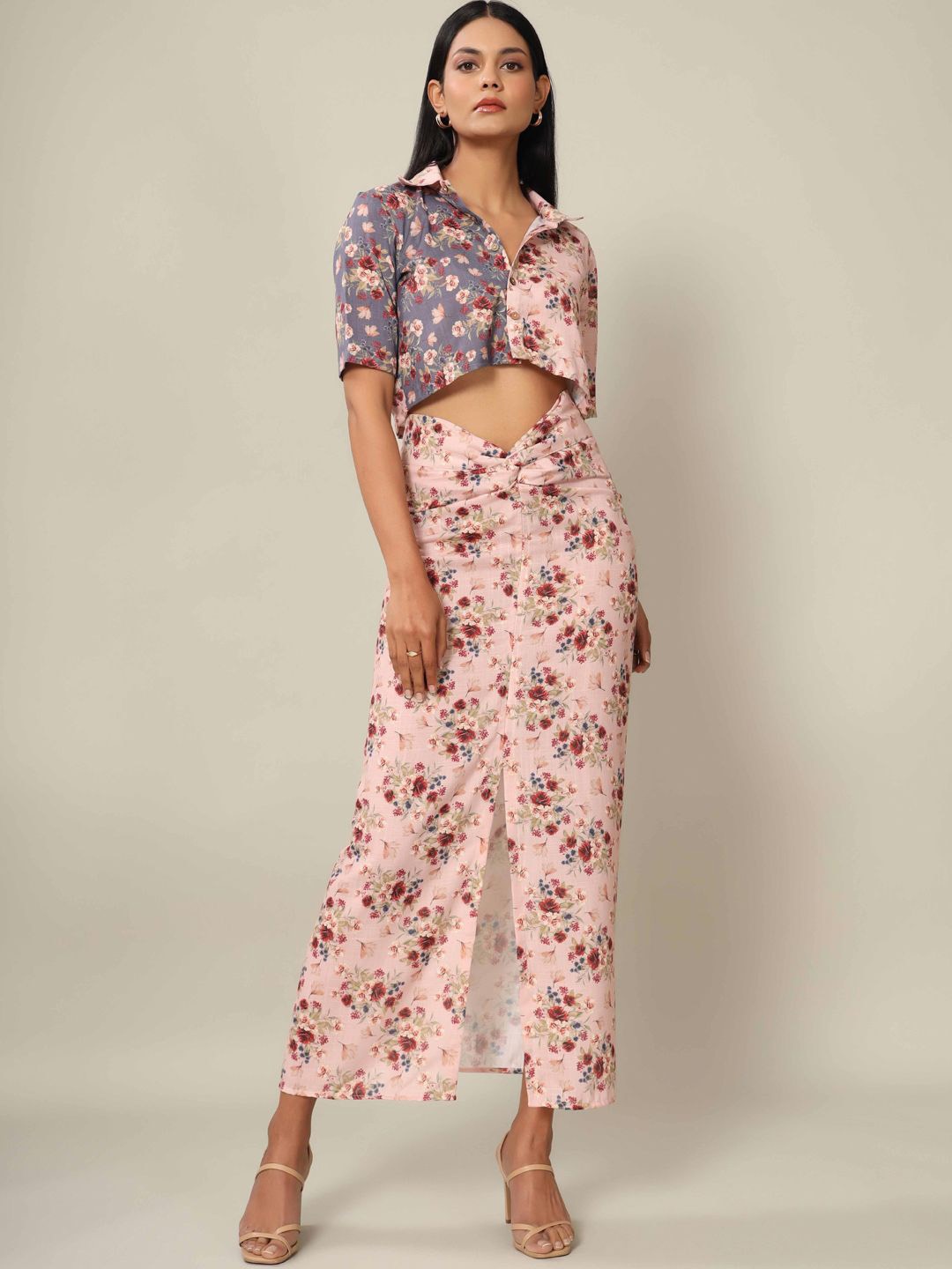 

Pasha Floral Printed Shirt & Skirt Co-Ord, Pink