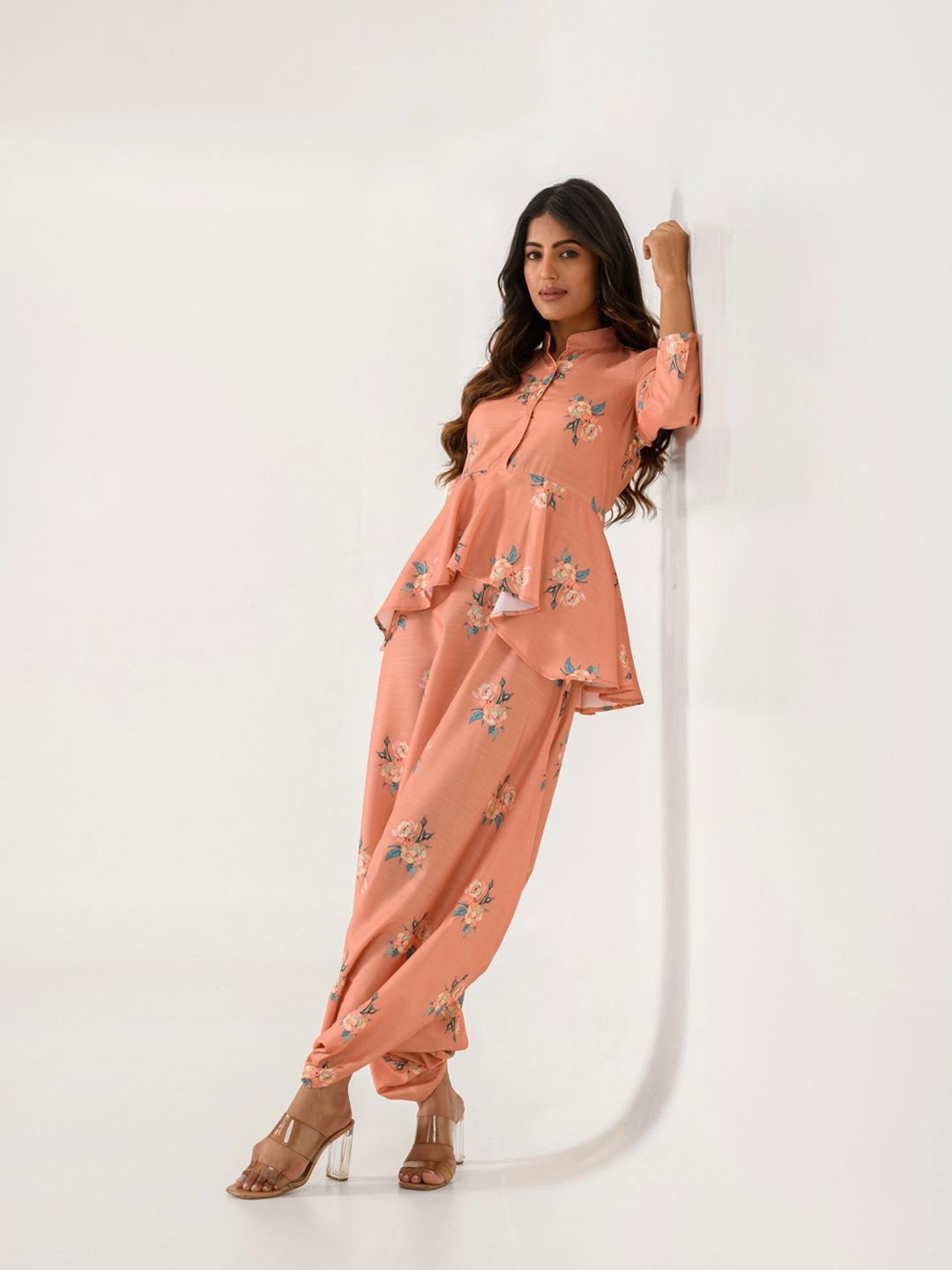 

Pasha Floral Printed Mandarin Collar Peplum TOP With Dhoti Pant, Orange