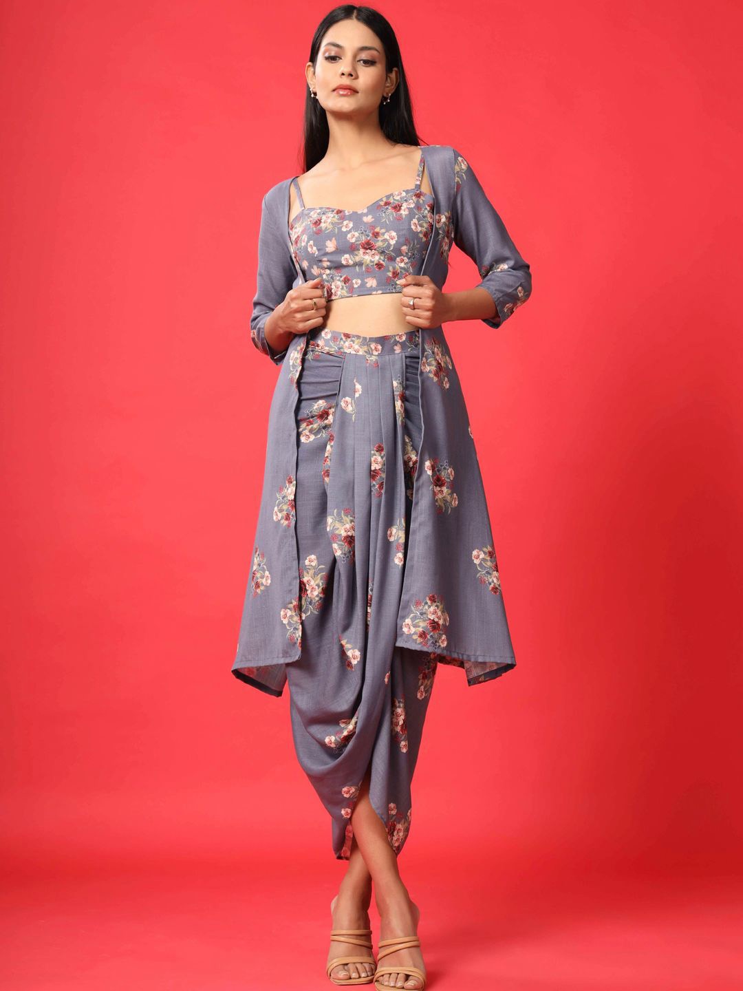 

Pasha Floral Printed Top With Skirt & Shrug Co-Ords, Blue