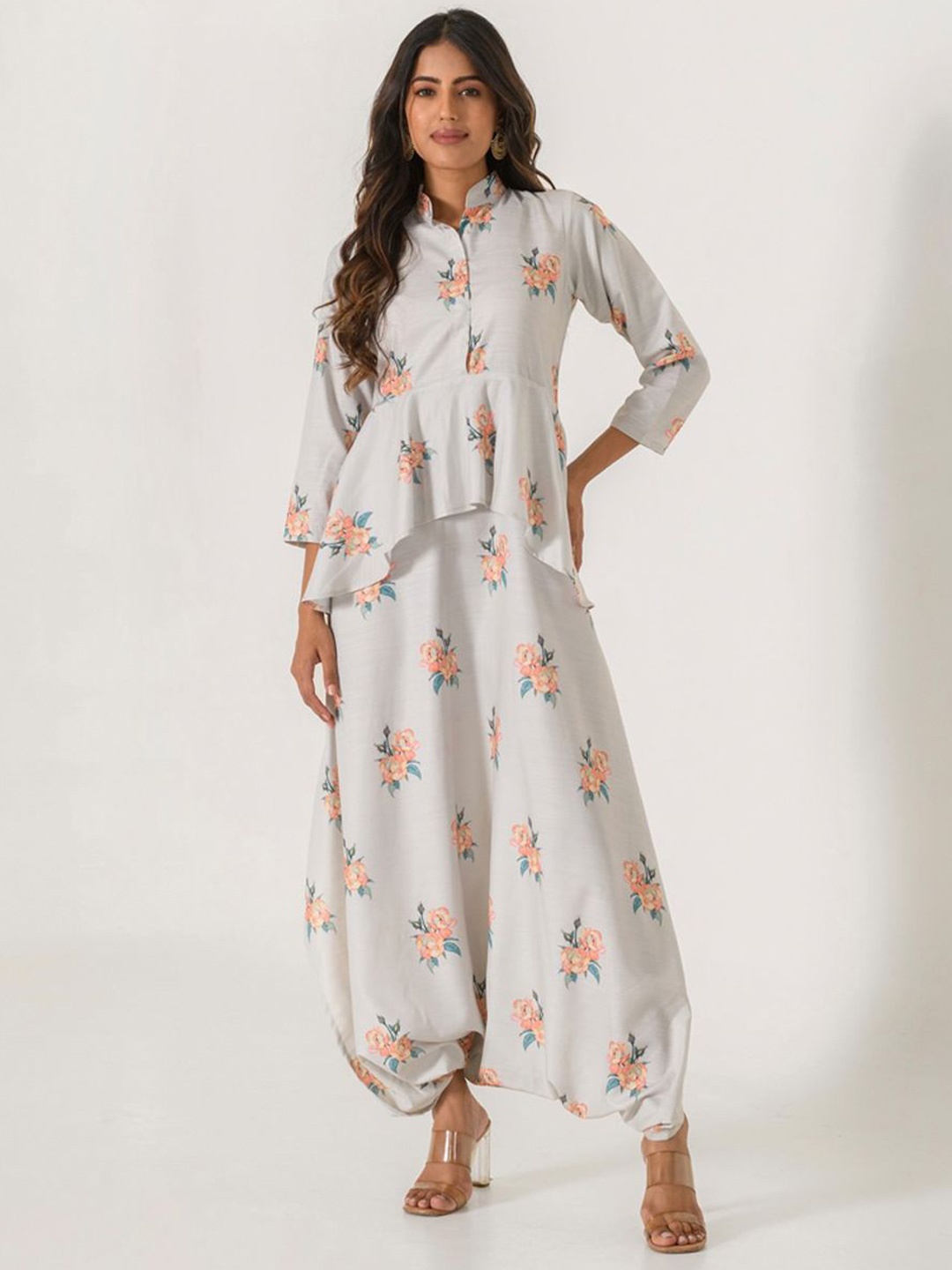 

Pasha Floral Printed Mandarin Collar Peplum Top With Dhoti Pant, White
