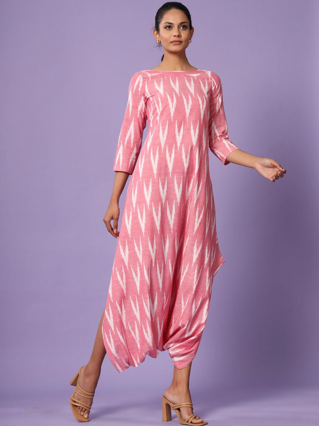 

Pasha Ikat Printed Boat Neck A-Line Midi Jumpsuit Ethnic Dress, Pink