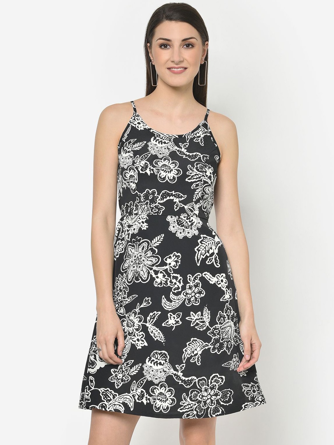 

Martini Floral Printed Sleeveless Shoulder Straps Fit & Flare Dress, Black